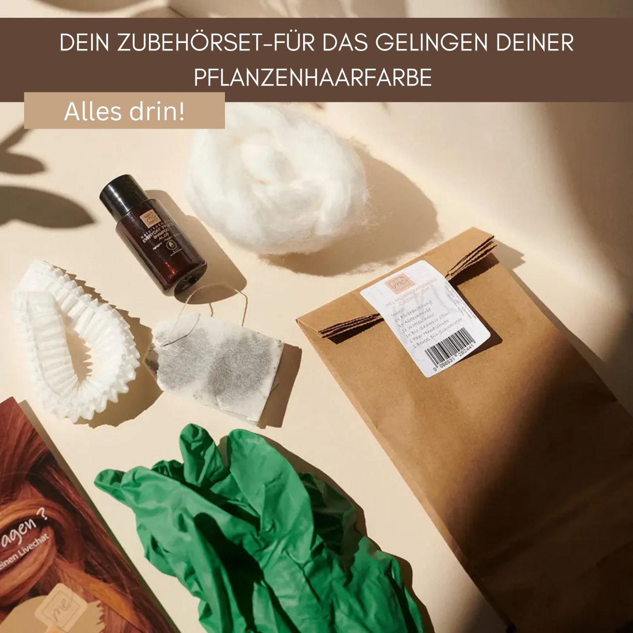 Basic Zubehör Set für Pflanzenhaarfarben (Watte, Shampoo, Handschuhe, Haube, Schwarztee, Anleitung)