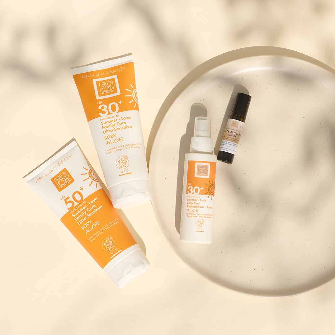 Bio-Sonnenschutz Set BODY LSF 30 & 50 + Spray für die ganze Familie + Gratis Mücken Roll-on