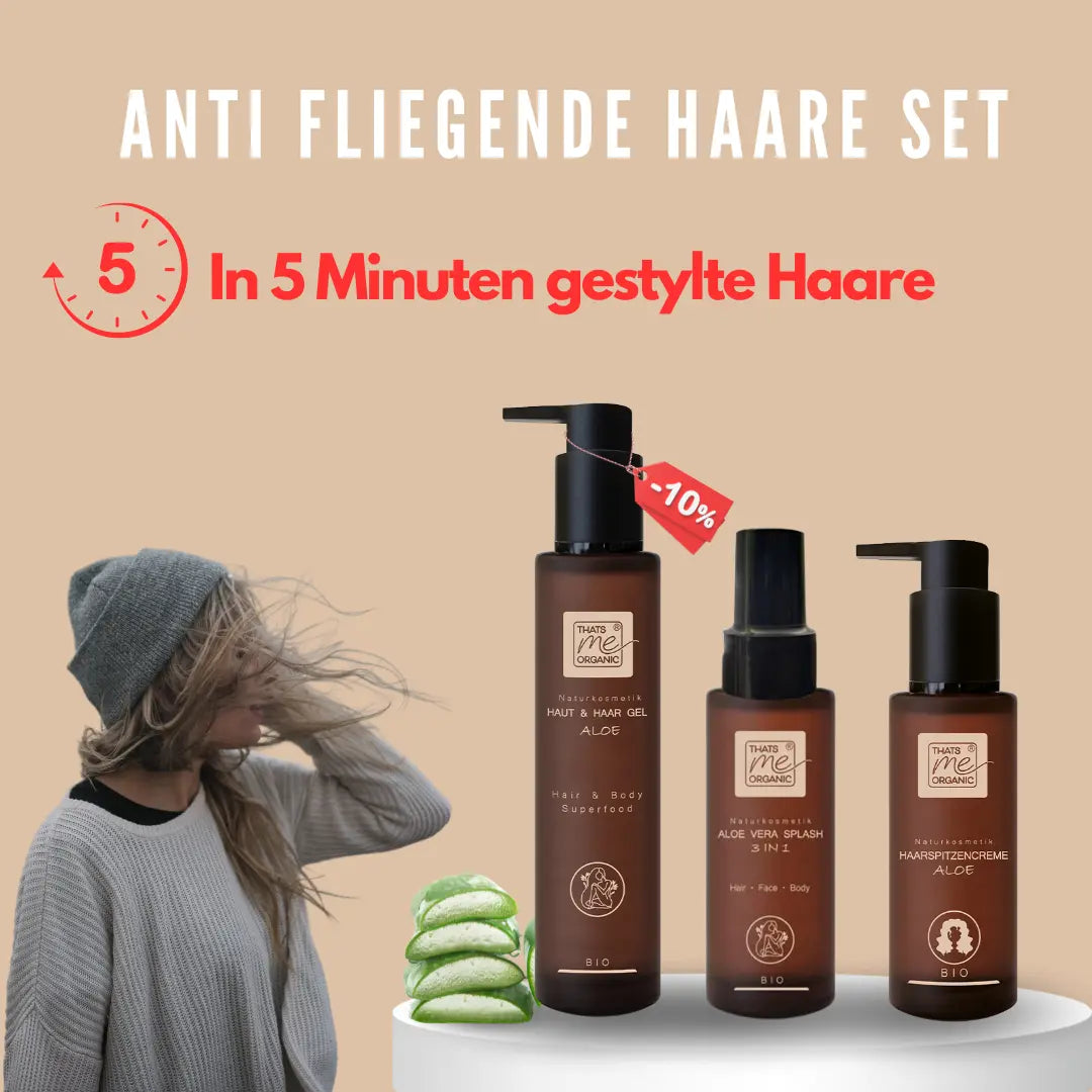 Drei Thats me Organic® Braunhaarpflegeprodukte mit Aloe, eine Frau mit Mütze und ein deutscher Text über Haarstyling in 5 Minuten - perfekt, um fliegende Haare zu bändigen, die durch trockene Luft entstehen.