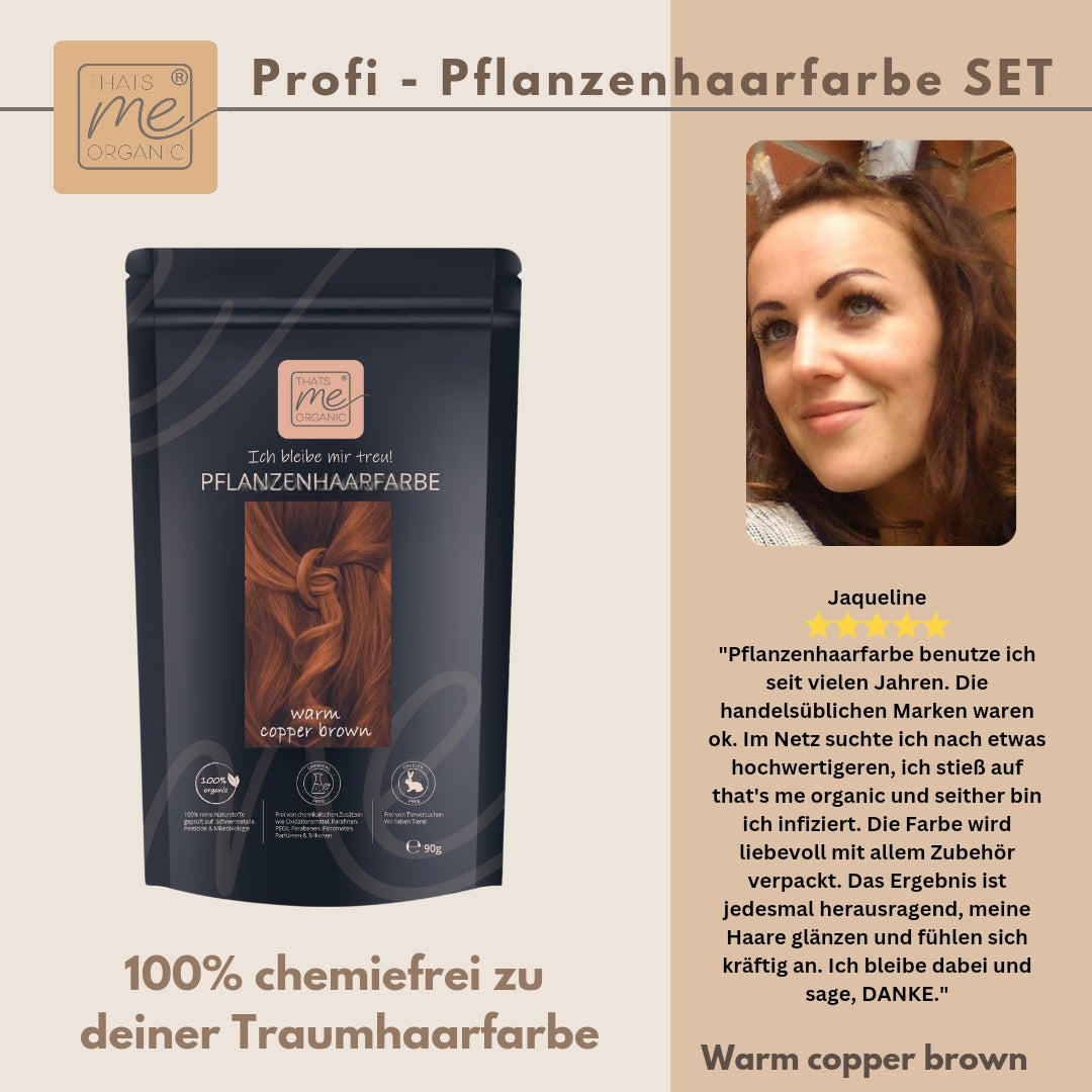 Ein Beutel mit Haarfärbemitteln auf pflanzlicher Basis mit einer lächelnden Frau oben rechts und einer Produktbewertung neben ihr.