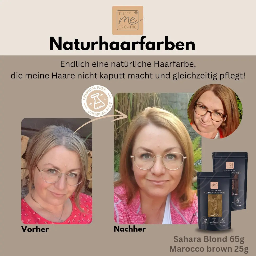 Frau mit Brille vor und nach der Anwendung von Thats me Organic®; ihr Haar sieht nach der Behandlung mit Bio-Shampoo oder Pflanzenhaarfarbe glänzender und gesünder aus.