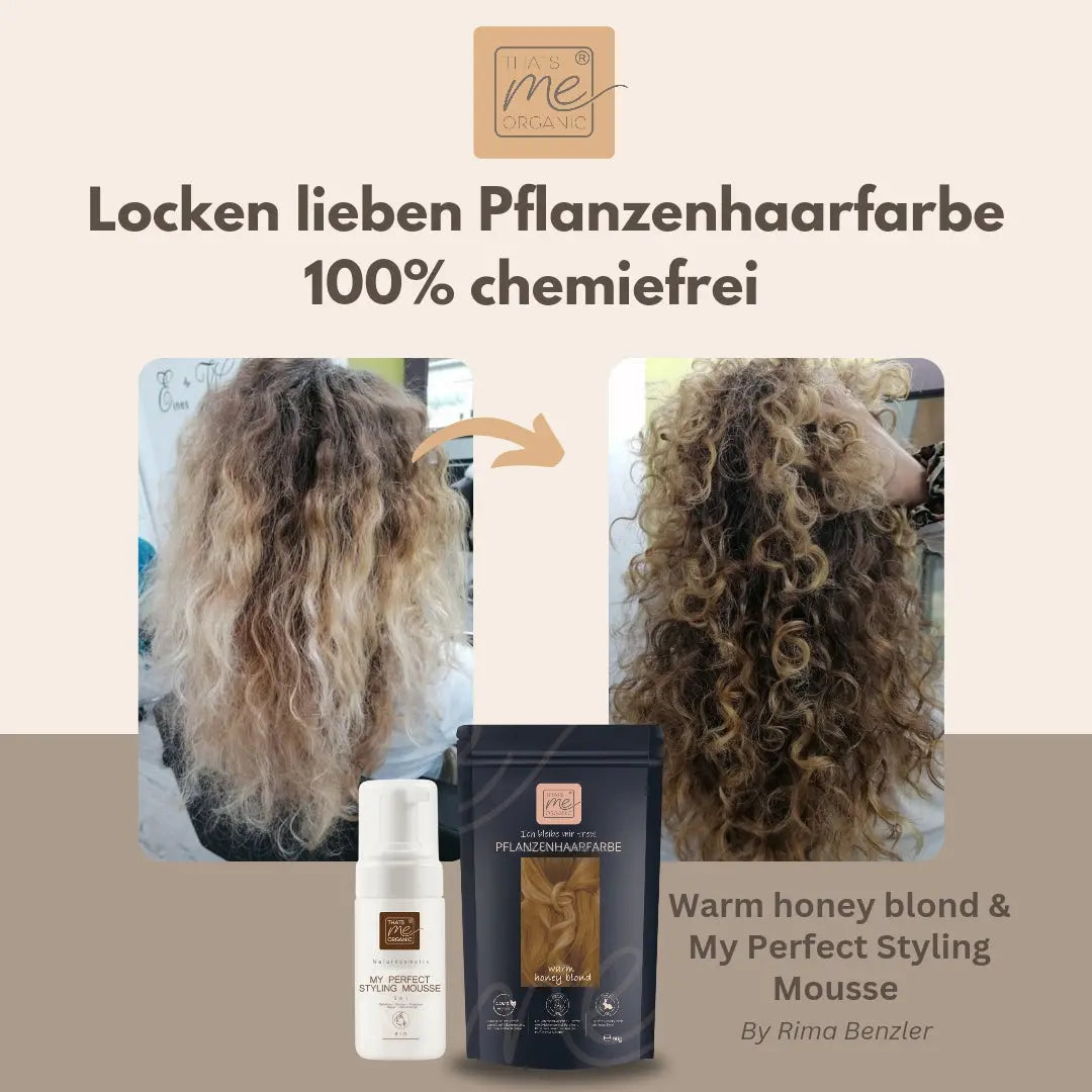 Vorher und nachher von lockigem Haar, gefärbt mit Thats me Organic® pflanzlicher, chemiefreier Farbe; Styling Mousse mit natürlichen Inhaltsstoffen und Färbeprodukten unten gezeigt.