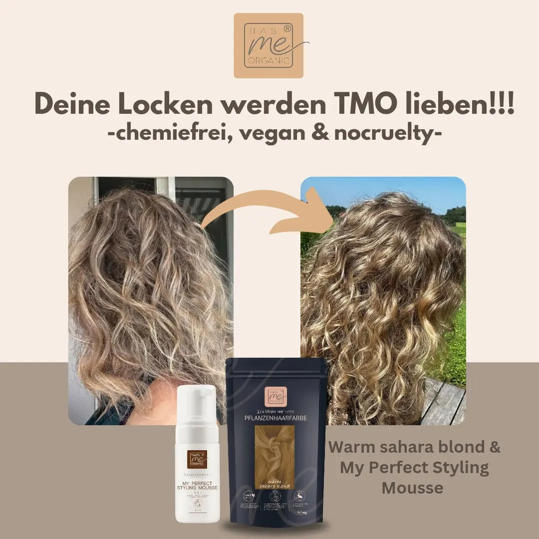 Zwei Fotos zeigen gewelltes blondes Haar vor und nach dem Styling mit den unten abgebildeten veganen Haarprodukten von Thats me Organic® Bio-Haarschaum und natürlichen Inhaltsstoffen.