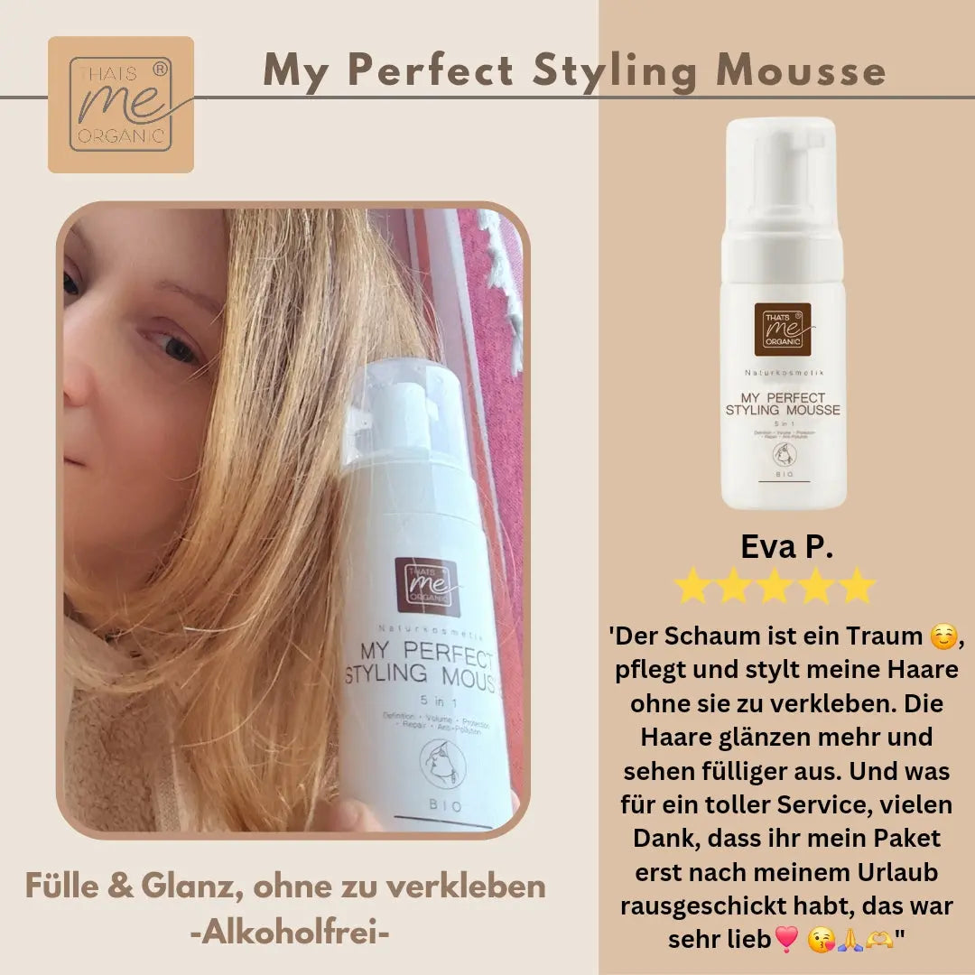 Eine Frau hält eine Flasche Thats me Organic® Styling Mousse aus natürlichen Inhaltsstoffen in der Hand; Produkt und Bewertungstext erscheinen neben einer 5-Sterne-Bewertung.