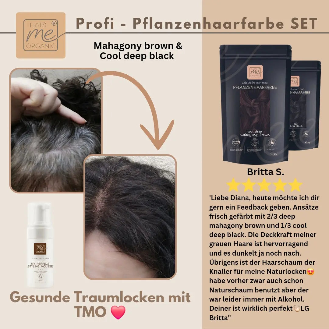 Eine Frau trägt Thats me Organic® dunkelbraunes Haarfärbemittel mit natürlichen Inhaltsstoffen auf ihren Haaransatz auf; die Produktverpackung und eine Bewertung sind ebenfalls zu sehen.