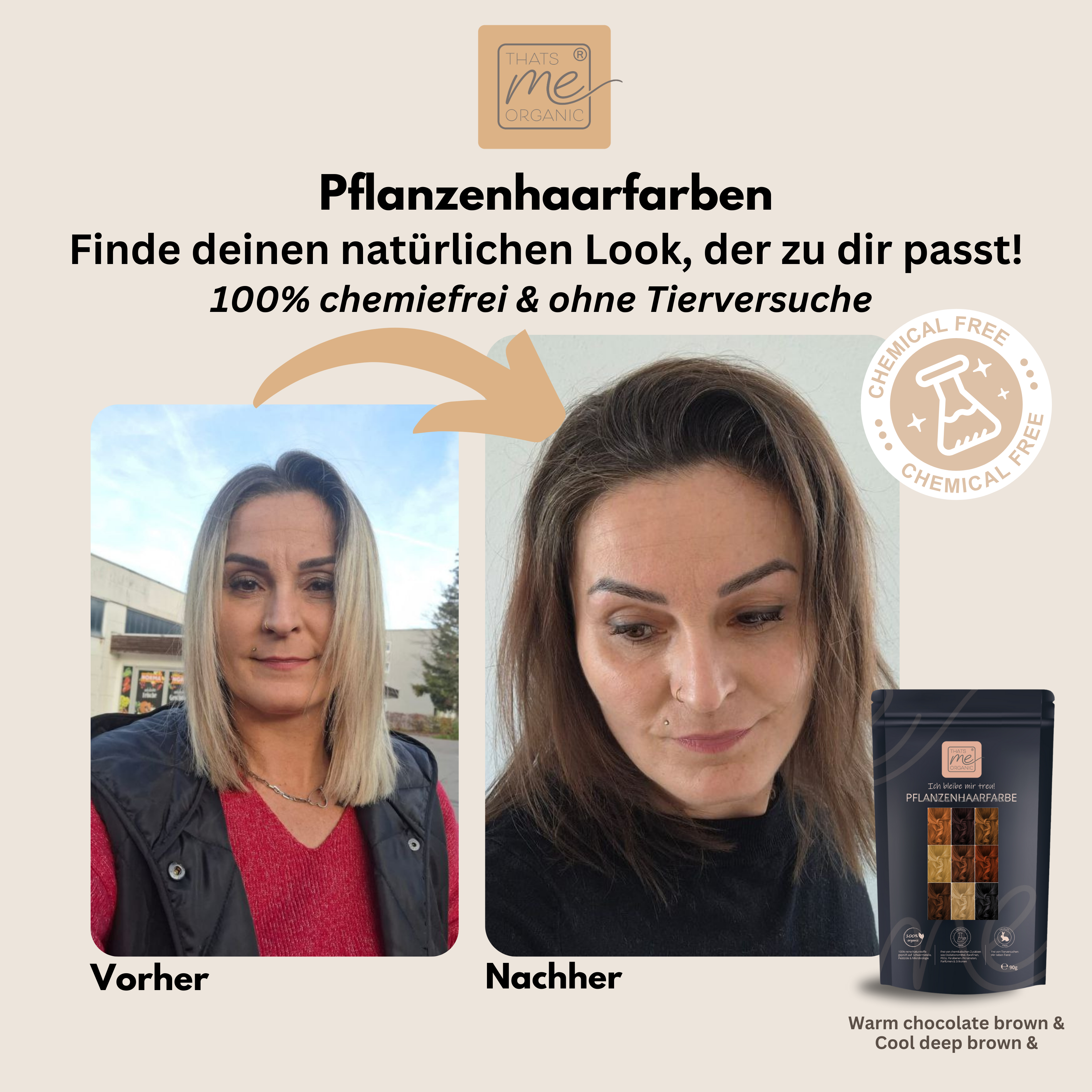 Eine Frau mit blondem Haar (vorher) und braunem Haar (nachher) präsentiert die Thats me Organic® Pflanzenhaarfarbe, mit der das Produktpaket für natürliche Haarpflege vorgestellt wird.