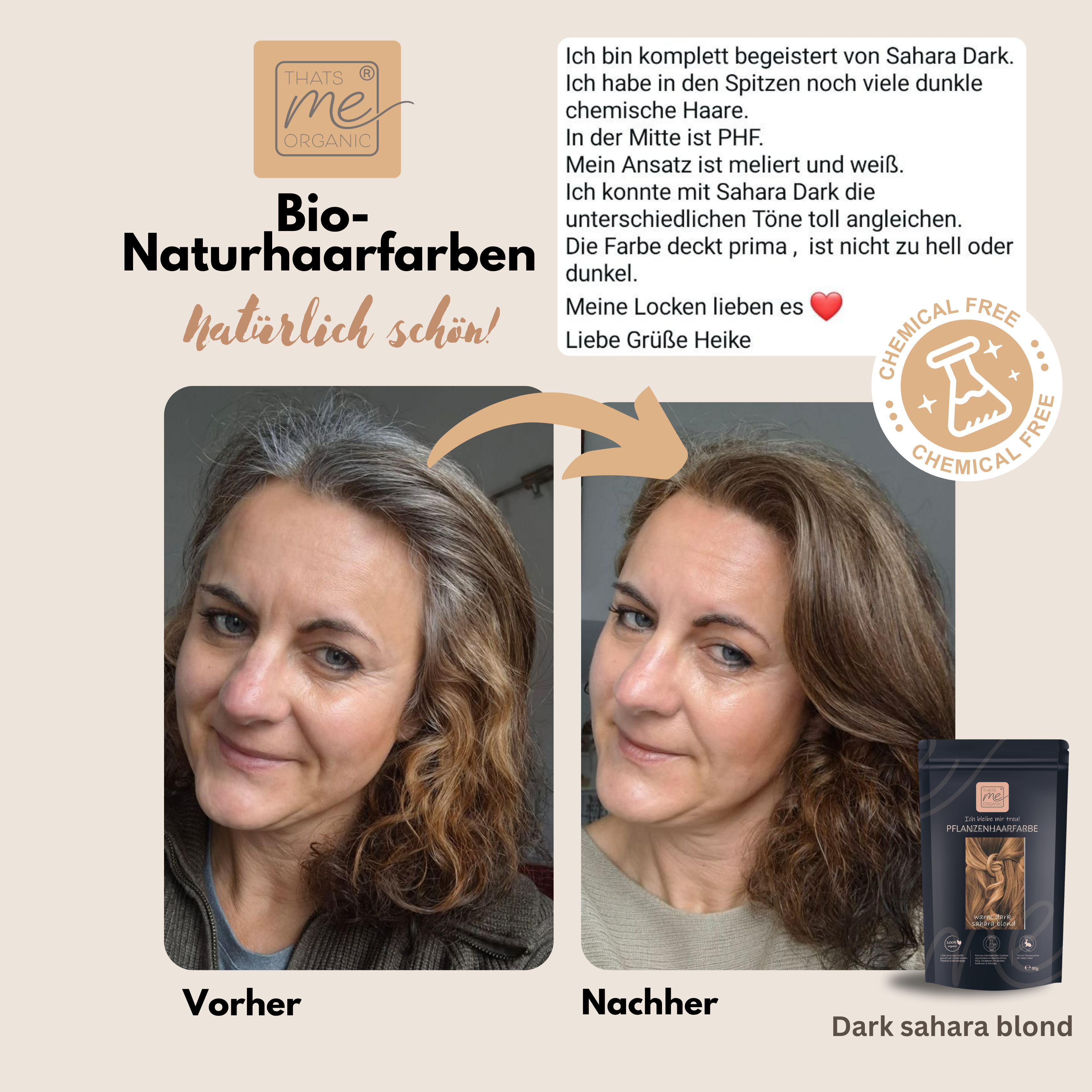 Vorher- und Nachher-Fotos einer lächelnden Frau, die zeigt, wie sich die Haarfarbe mit dem natürlichen Haarfärbemittel Thats Me Organic verändert hat.