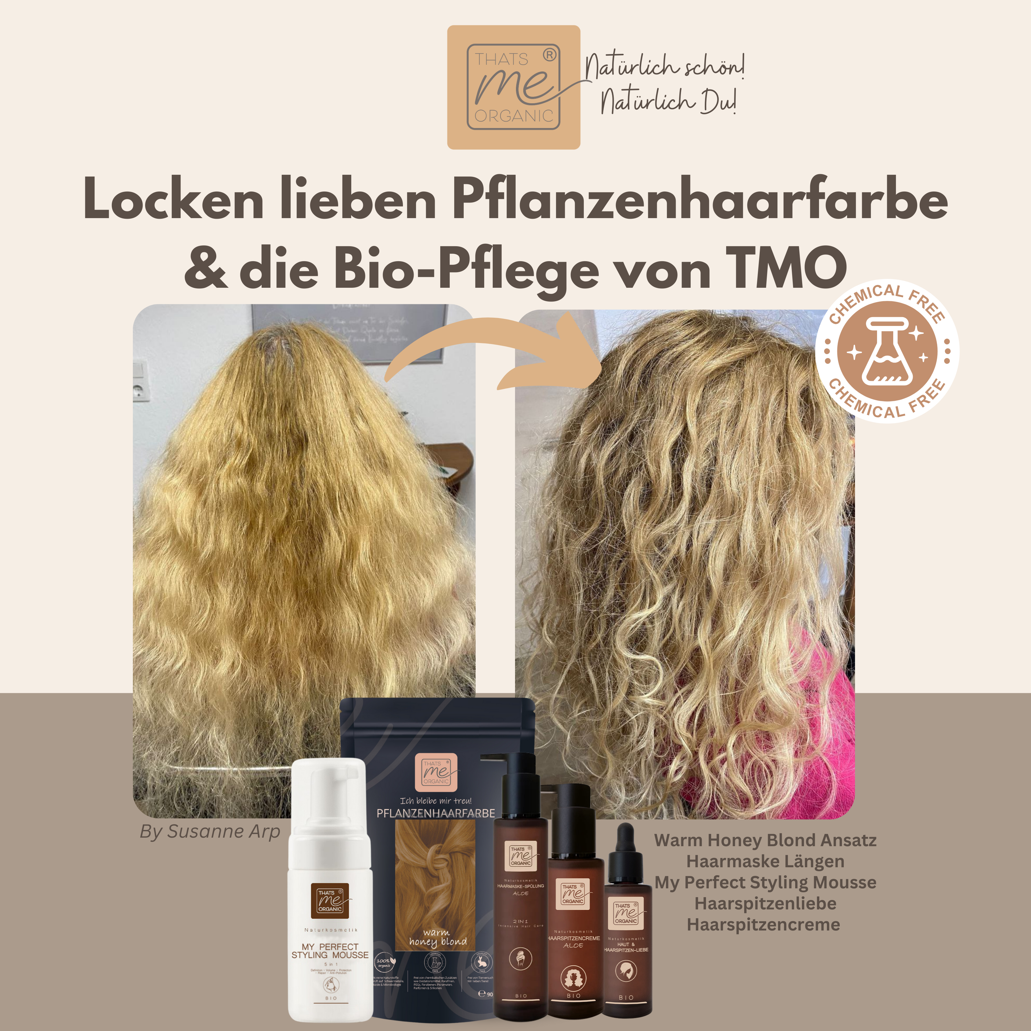 Eine Frau mit lockigem, blondem Haar präsentiert Thats me Organic® Styling Mousse auf pflanzlicher Basis, das mit natürlichen Inhaltsstoffen hergestellt wird, um ihre Locken zu stylen und zu nähren.