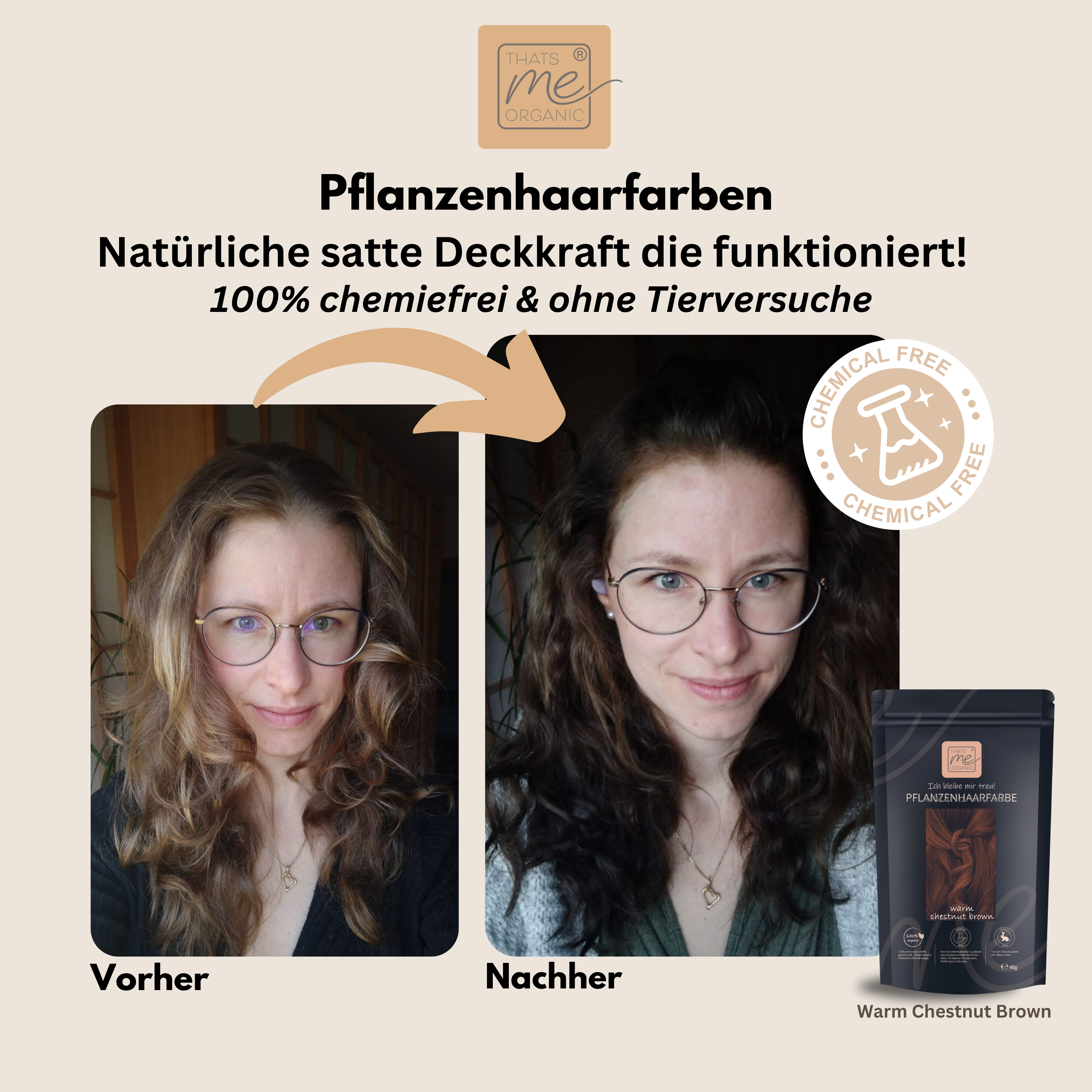 Frauenhaar vor und nach dem Färben; linke Seite heller, rechte Seite dunkleres Braun; Pflanzenhaarfarbe abgebildet.