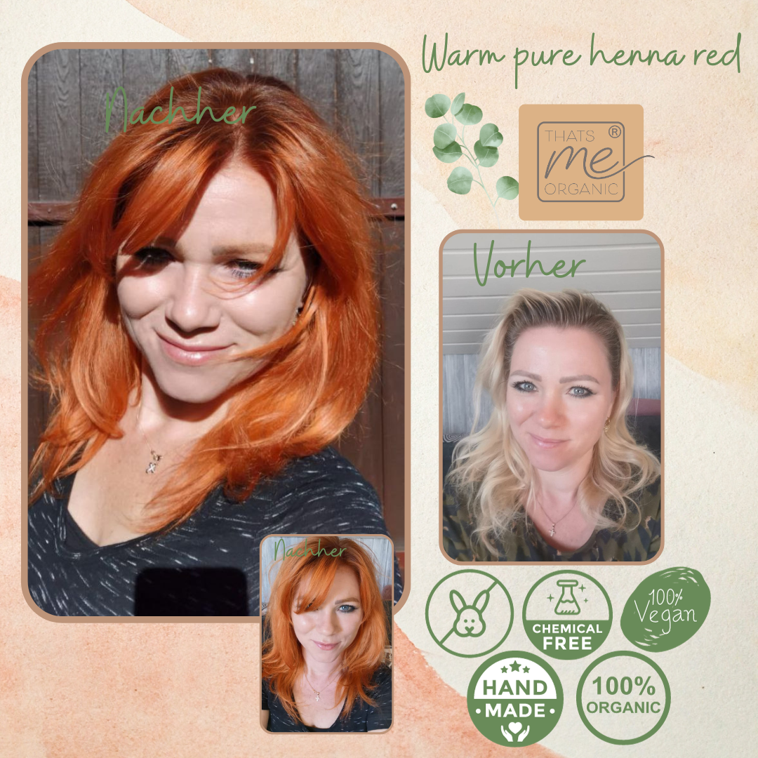 Vorher-Nachher-Fotos der Haare einer Frau, die von blond zu warmem, reinem Hennarot gefärbt wurden, mit Symbolen für Bio-Produkte.