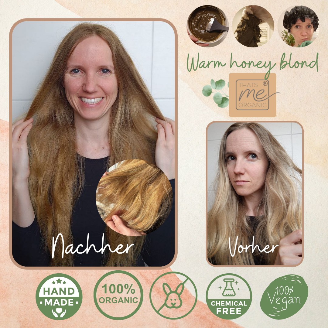 Frau mit langem blondem Haar vor und nach dem Färben in warmem Honigblond; verschiedene Produktsymbole werden gezeigt.