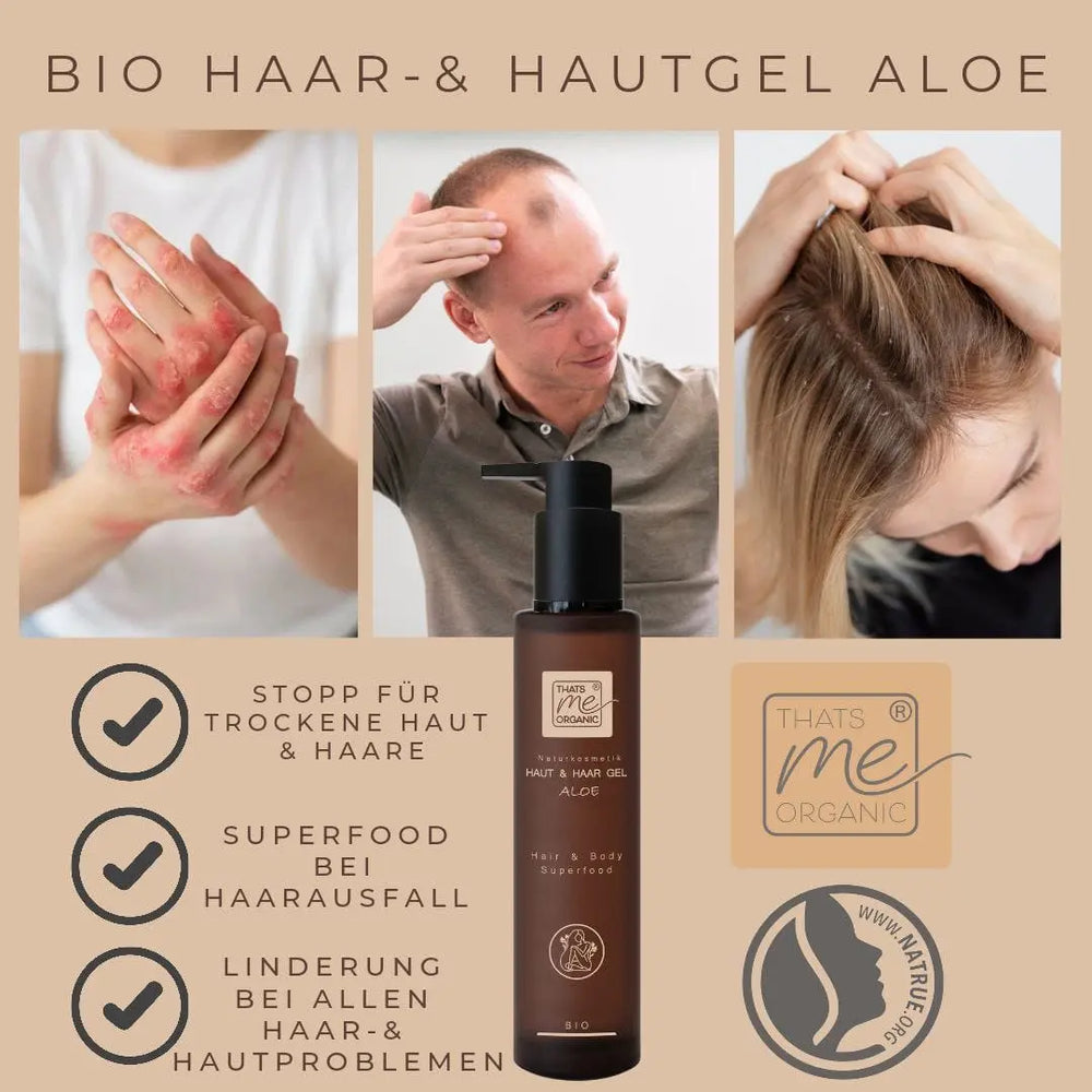 Die Thats me Organic® Aloe Haar- und Hautgel-Flasche zeigt, wie Menschen es auf Kopfhaut und Haare auftragen; Produktvorteile wie "Kopfhautpflege" und "Anti-Schuppen" sind in deutscher Sprache aufgeführt.