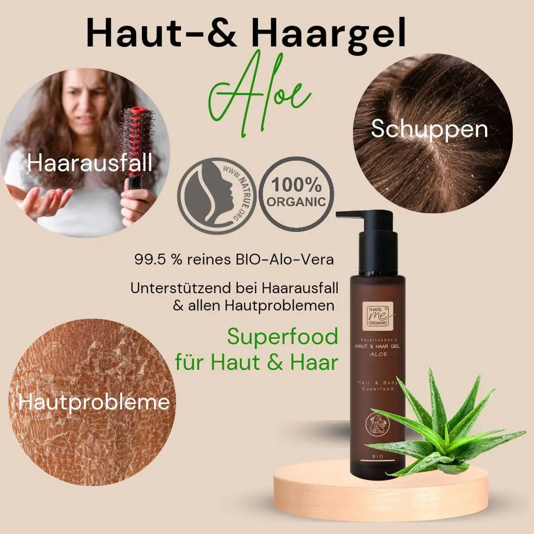 Die Anzeige Thats me Organic® Aloe Skin and Hair Gel zeigt Bilder von Haarausfall, Schuppen und Hautproblemen und hebt eine Flasche Aloe Vera Shampoo hervor - Ihre Lösung für Kopfhautpflege und Anti-Schuppen.