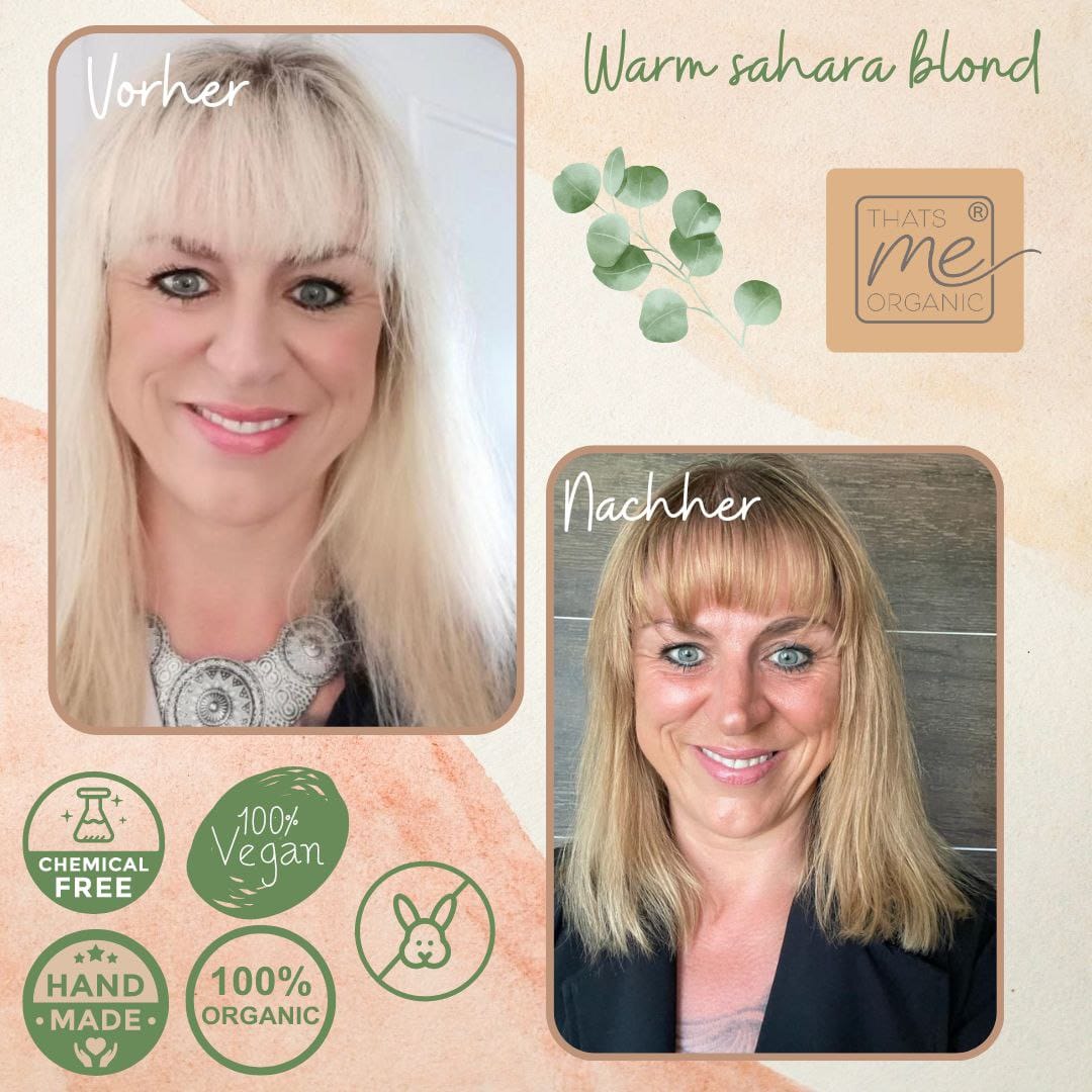 Zwei Frauen, die ihre Haarfarbe in ein warmes Saharablond umgewandelt haben, zeigen Vorher- und Nachher-Fotos mit Symbolen für Bio-Produkte.