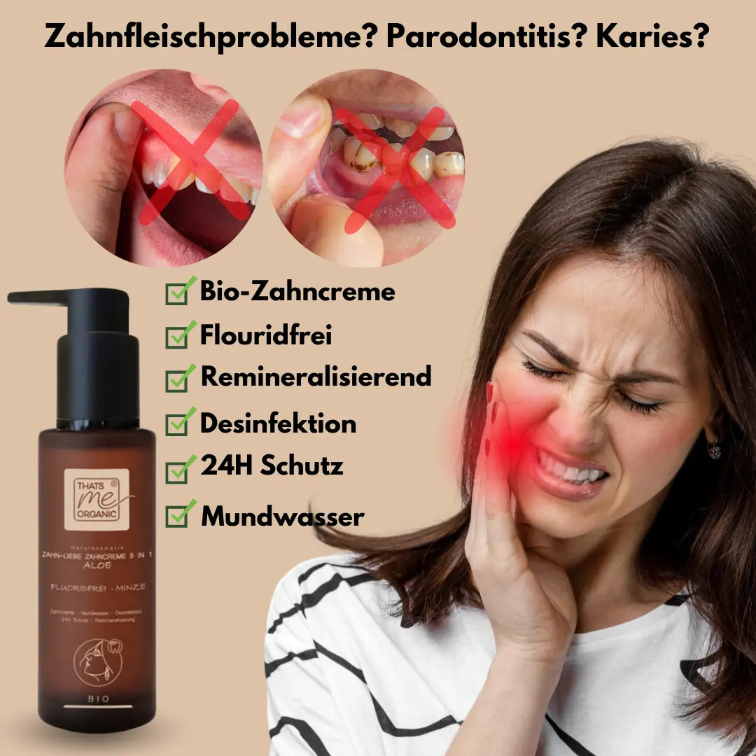 Eine Frau mit Zahnschmerzen, die eine BIO-Zahncreme von Thats me organic® in der Hand hält, zeigt oben ihre Zahnprobleme; daneben befindet sich eine Checkliste, die die Vorteile von fluoridfreien Produkten und beruhigender Aloe Vera hervorhebt.