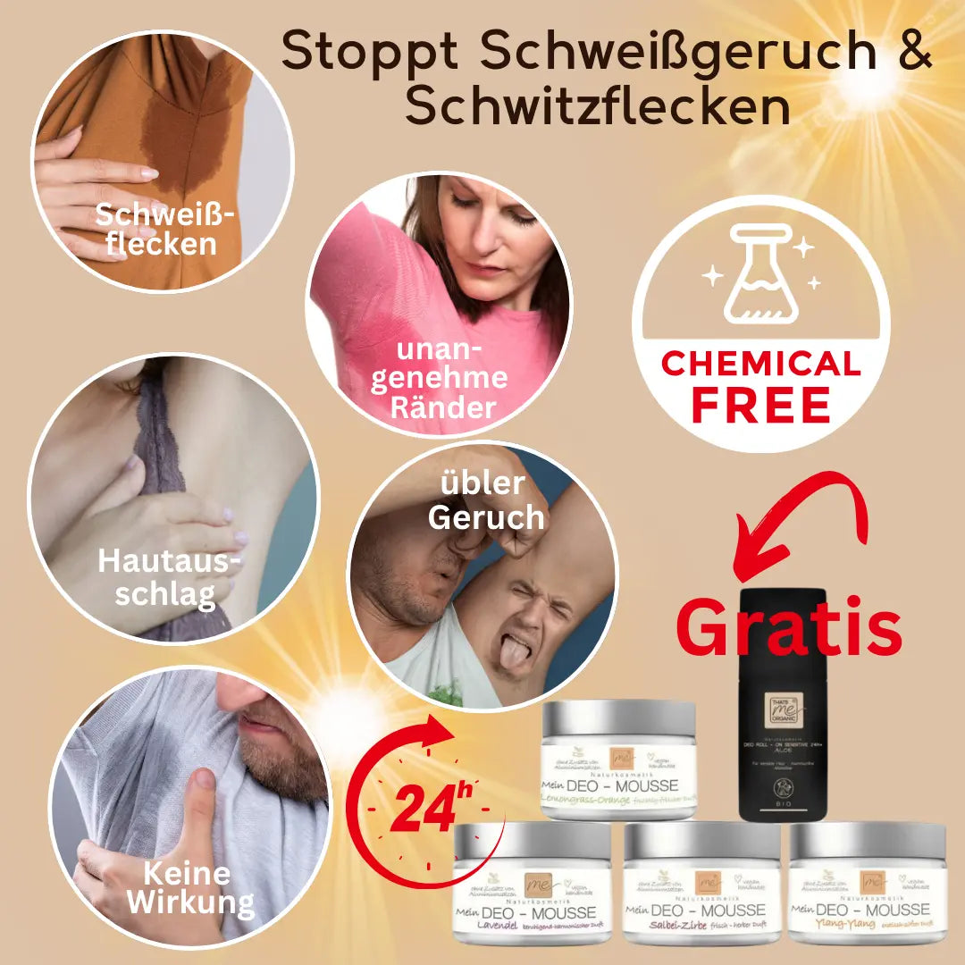 Entdecke Thats me Organic® Bio-Deo Mousse - natürlich wirksam gegen Geruch und Schweißflecken. Gratisgeschenk inklusive! Icons und Vorteile auf Deutsch für dich im Überblick.
