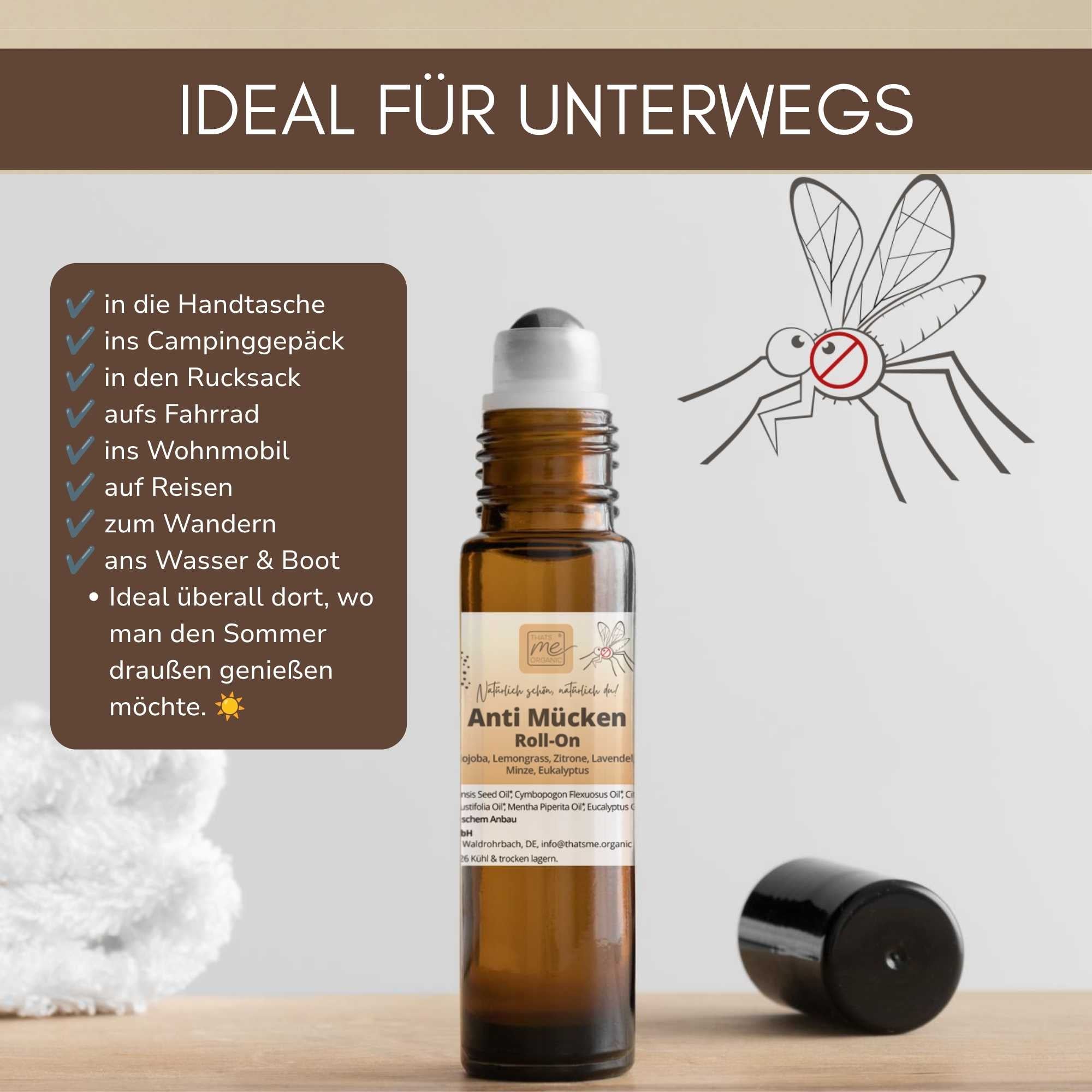 Bio Anti Mücken Roll-On ideal für Reisen, Camping, Wandern, Fahrrad und Outdoor Aktivitäten.