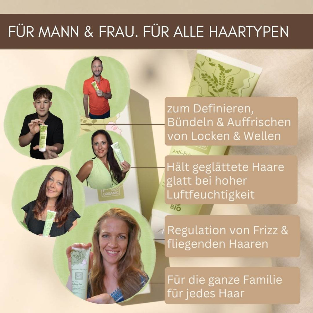BIO Anti-Frizz Styling Gel für Männer und Frauen – geeignet für Locken, Wellen und glatte Haare zur Kontrolle von Frizz und fliegenden Haaren.
