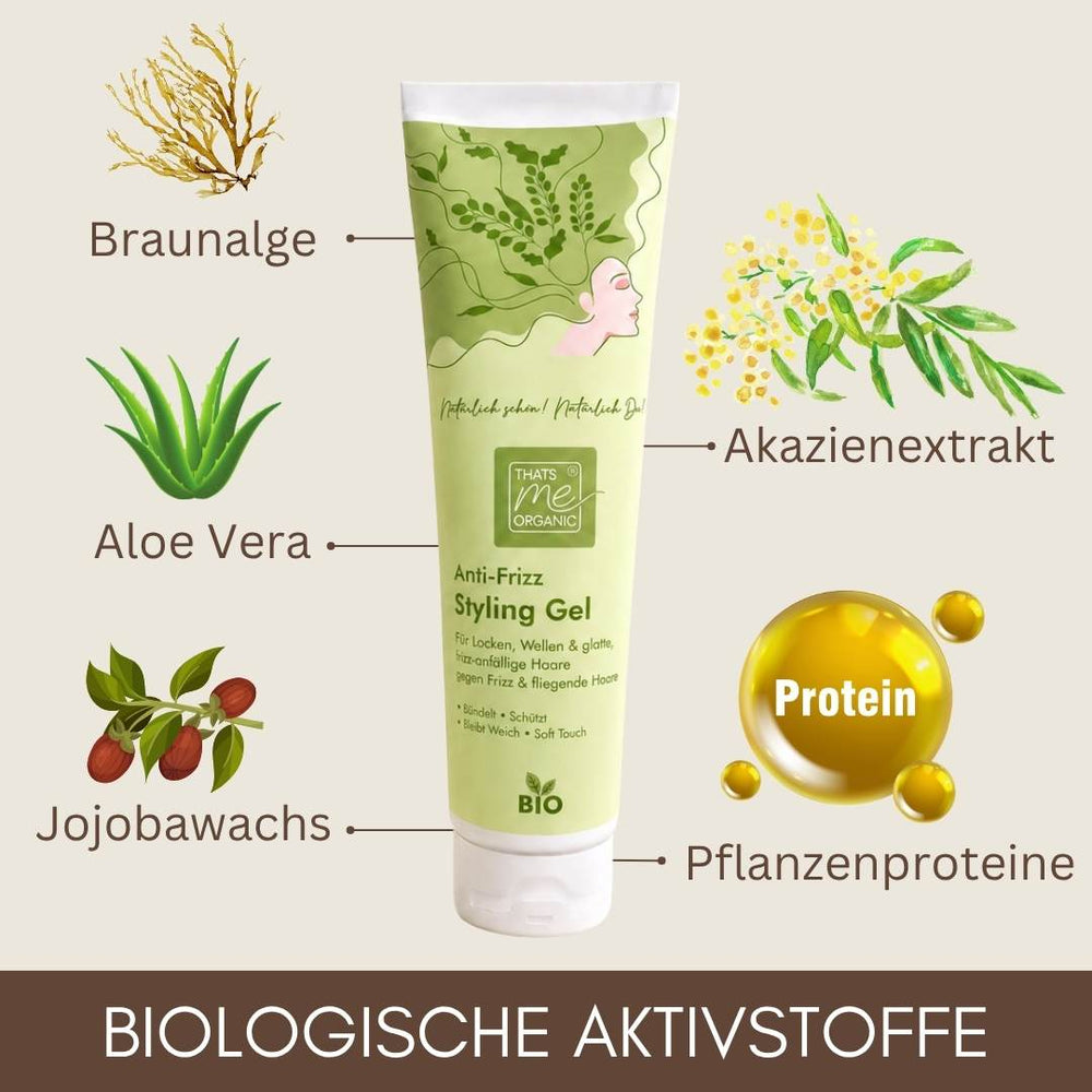 BIO Anti-Frizz Styling Gel mit Aloe Vera, Braunalge, Akazienextrakt, Jojobawachs und Pflanzenproteinen für gepflegtes Haar.