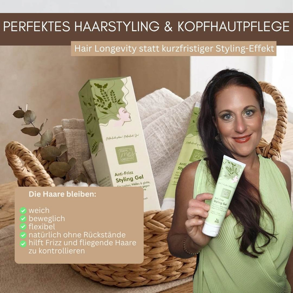 BIO Anti-Frizz Styling Gel – natürliches Haarstyling und Kopfhautpflege für weiches, flexibles Haar ohne Rückstände.