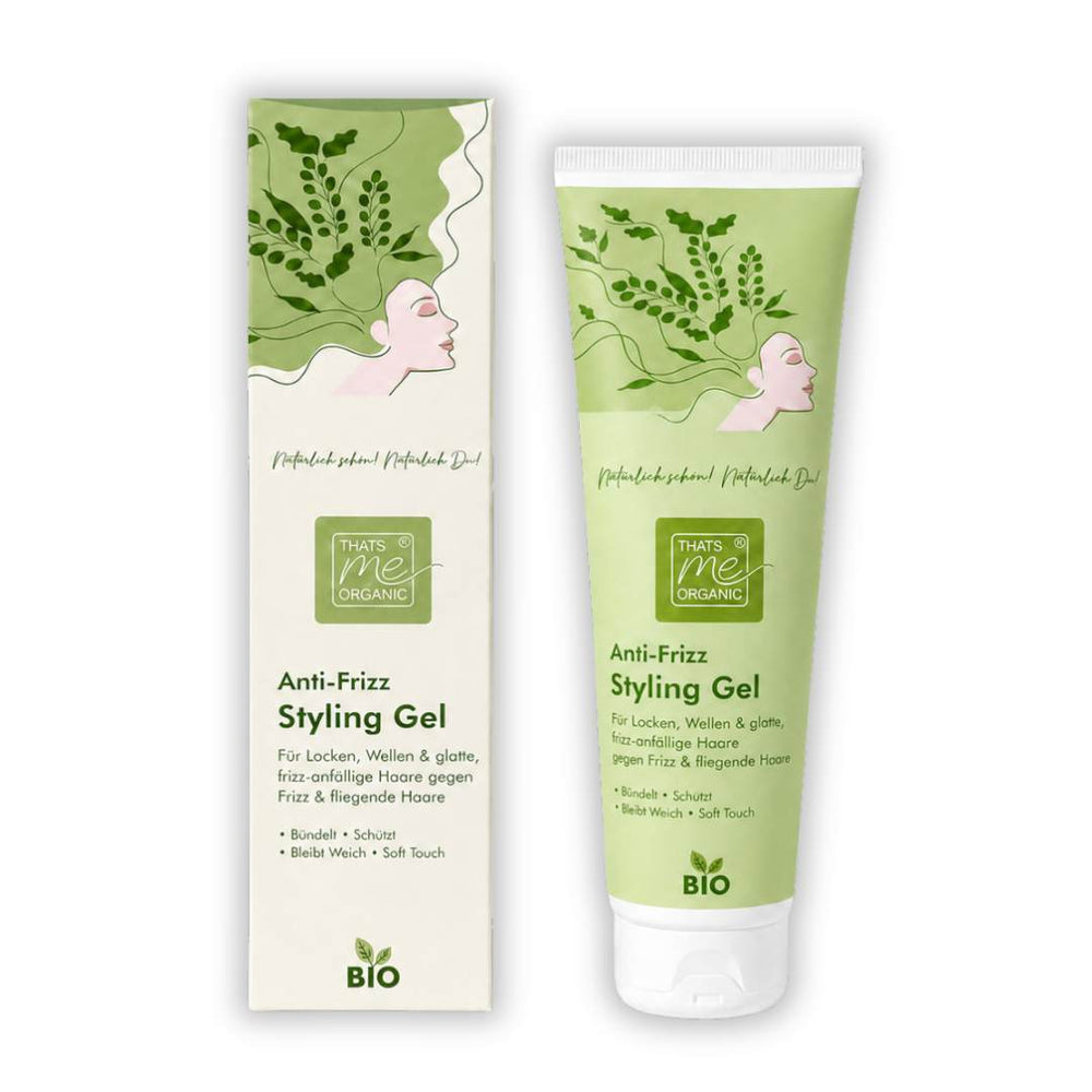 BIO Anti-Frizz Styling Gel Naturkosmetik mit Verpackung – für Locken, Wellen und glatte Haare gegen Frizz.