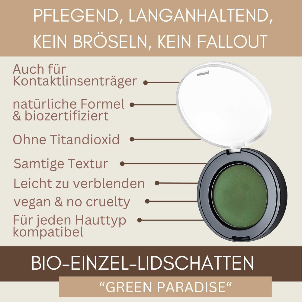 Bio Einzel Lidschatten Green Paradise mit langanhaltender Formel, ohne Bröseln, ohne Fallout und titandioxidfrei