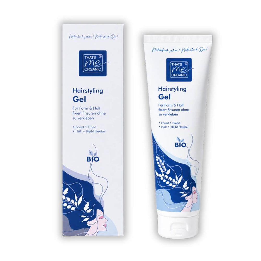 BIO Hairstyling Gel Naturkosmetik mit Verpackung – flexibler Halt, Volumen und Styling ohne Verkleben.