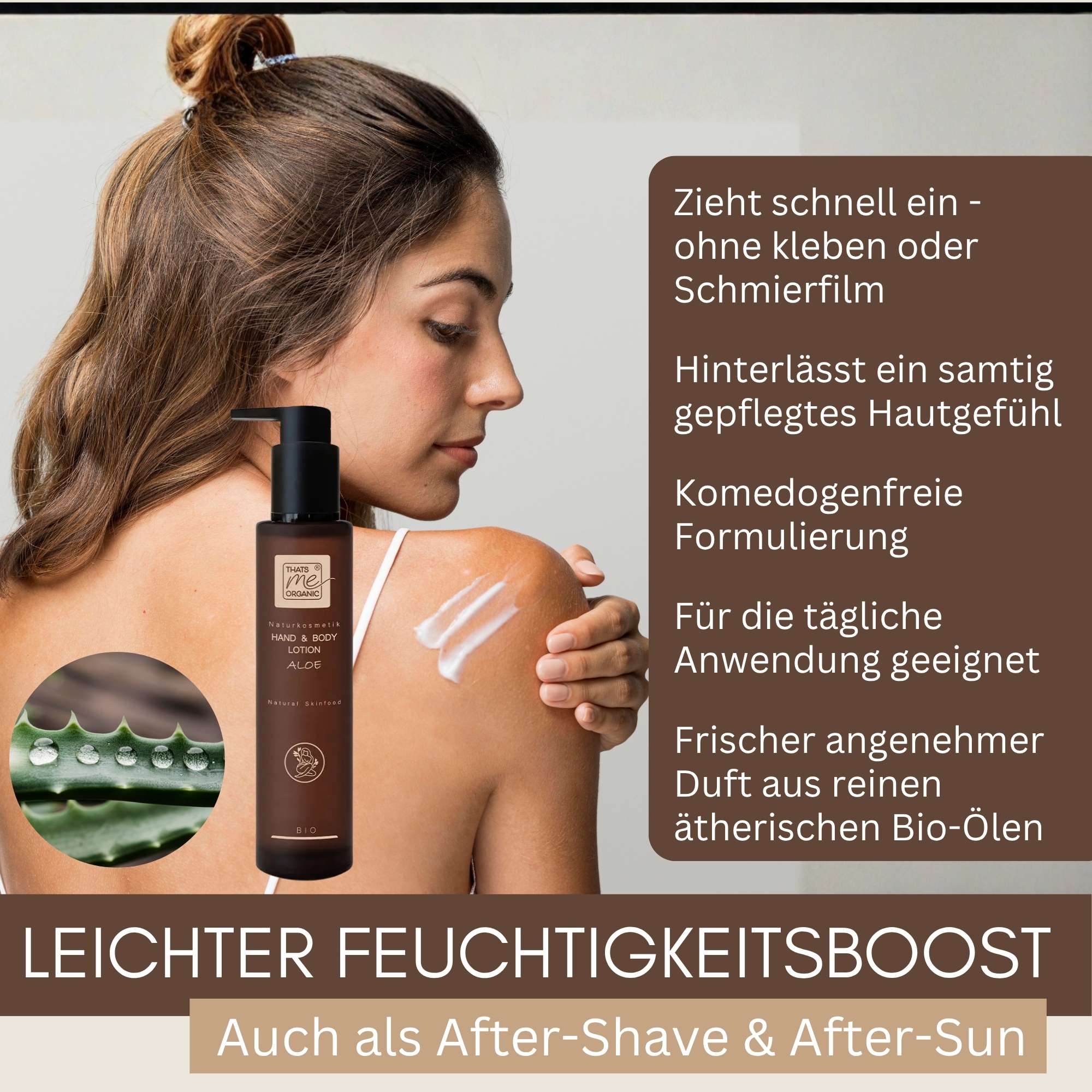 Leichter Feuchtigkeitsboost mit Bio Hand and Body Lotion Aloe für trockene Haut sowie als After Shave und After Sun geeignet.