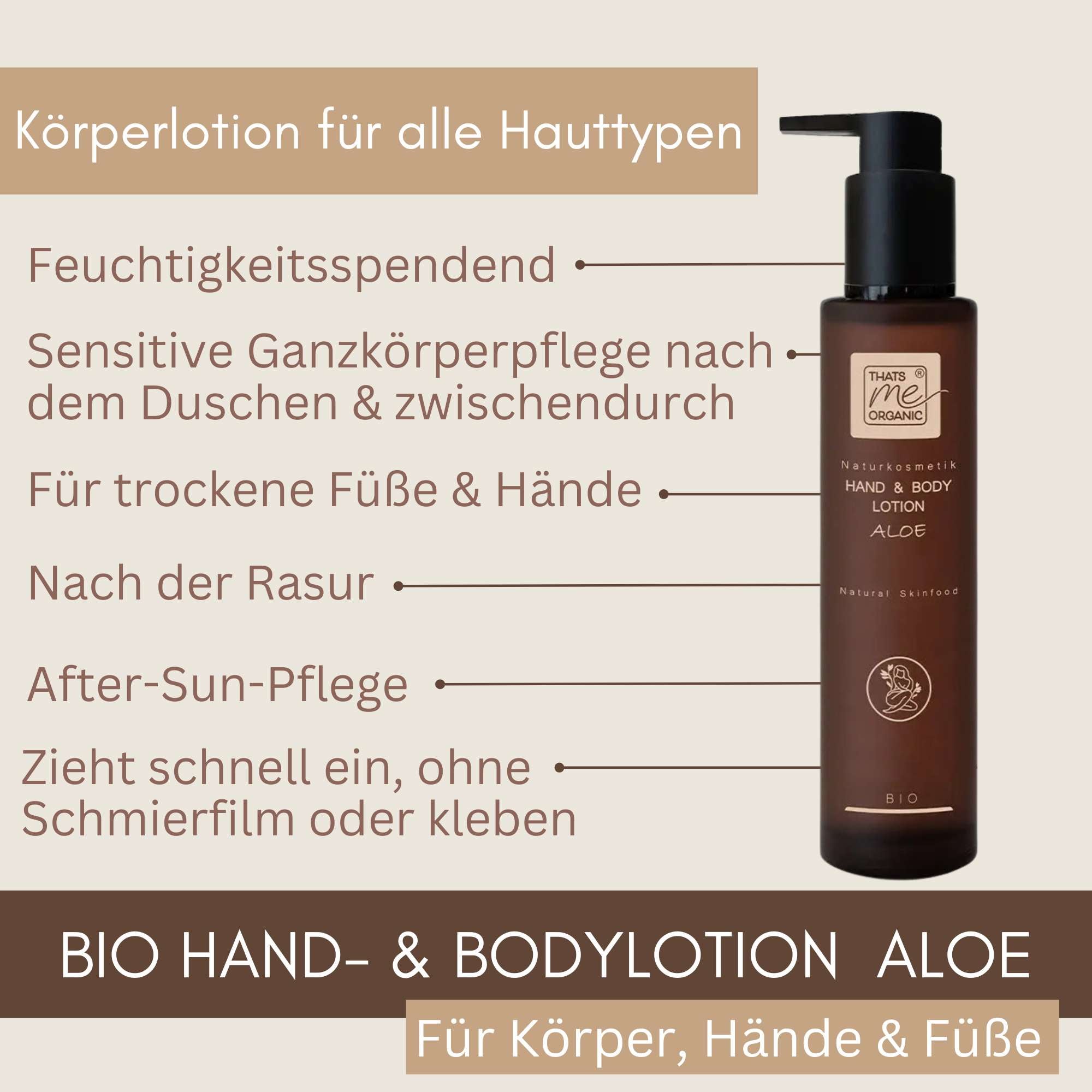 Bio Hand and Body Lotion Aloe als feuchtigkeitsspendende Körperlotion für Hände, Füße und empfindliche Haut nach dem Duschen oder Rasieren.