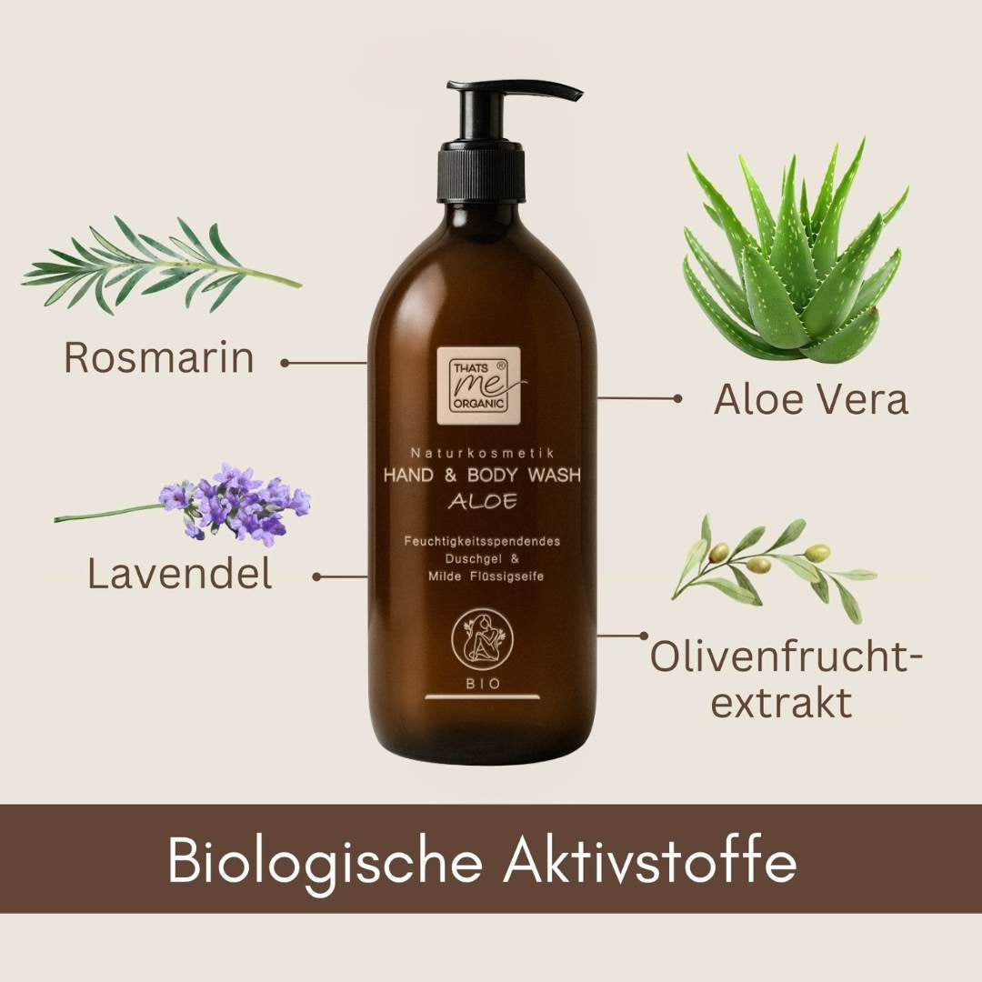 Bio Hand and Body Wash Aloe mit biologischen Aktivstoffen wie Rosmarin, Aloe Vera, Lavendel und Olivenfruchtextrakt.