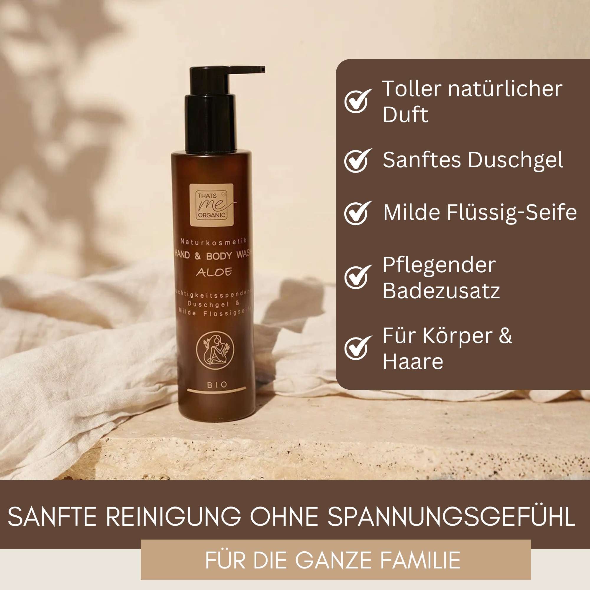 Sanfte Reinigung ohne Spannungsgefühl mit Bio Hand and Body Wash Aloe für Körper, Haare und die ganze Familie.