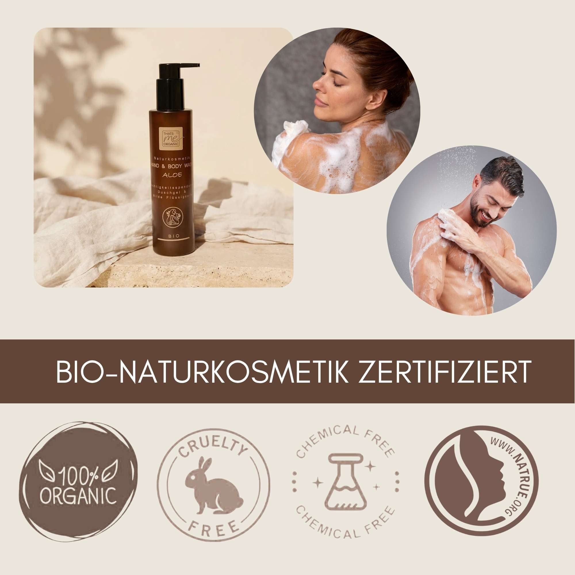 Zertifizierte Bio Naturkosmetik mit Bio Hand and Body Wash Aloe von Thats Me Organic vegan, cruelty free und NATRUE zertifiziert.