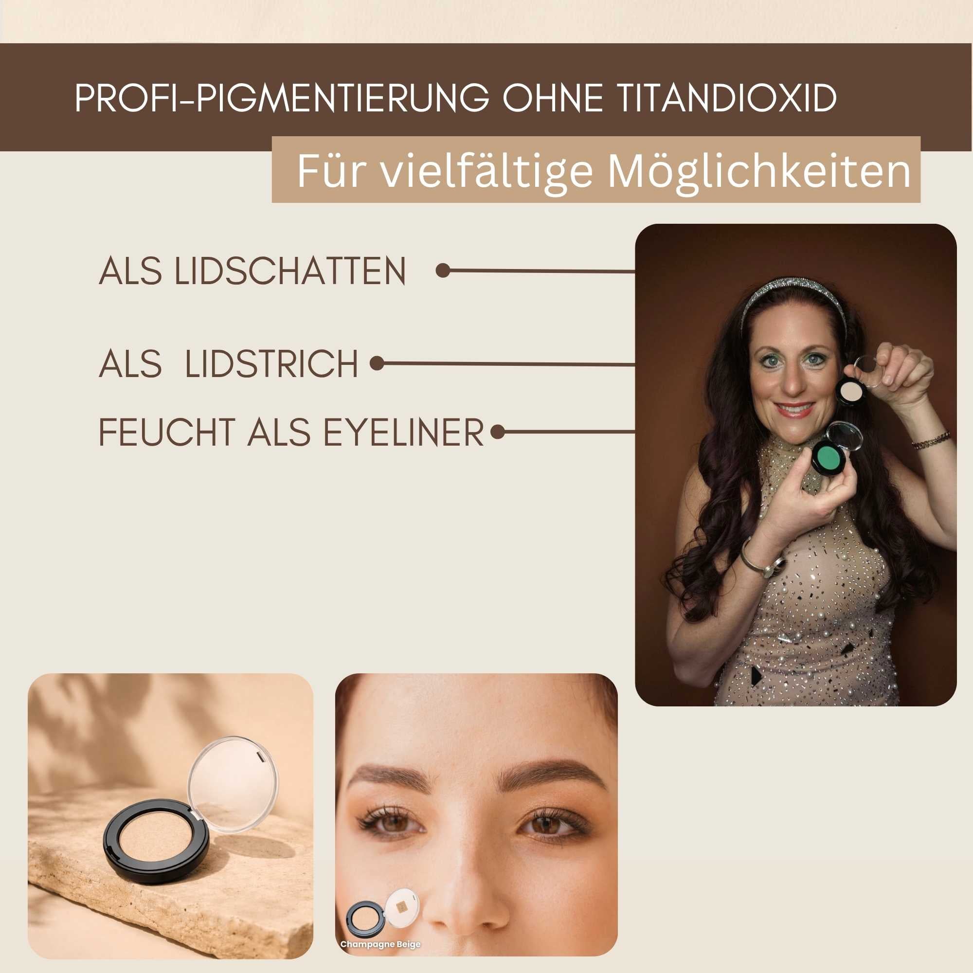 Bio Lidschatten Champagne Beige mit intensiver Pigmentierung als Lidschatten, Lidstrich und feucht als Eyeliner anwendbar