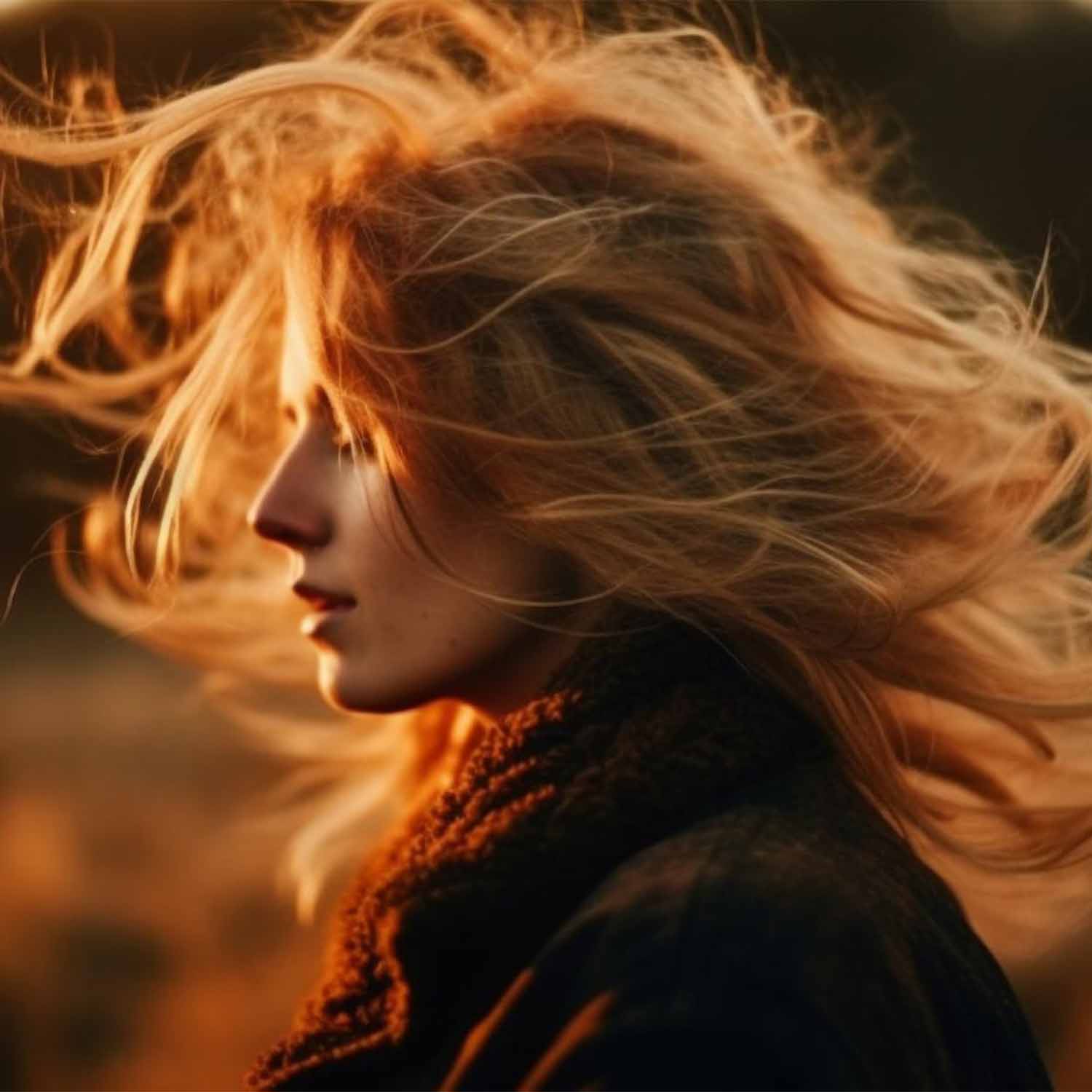 Frau mit wallendem blondem Haar im Wind, Seitenprofil, warmes goldenes Licht, Außenaufnahme.