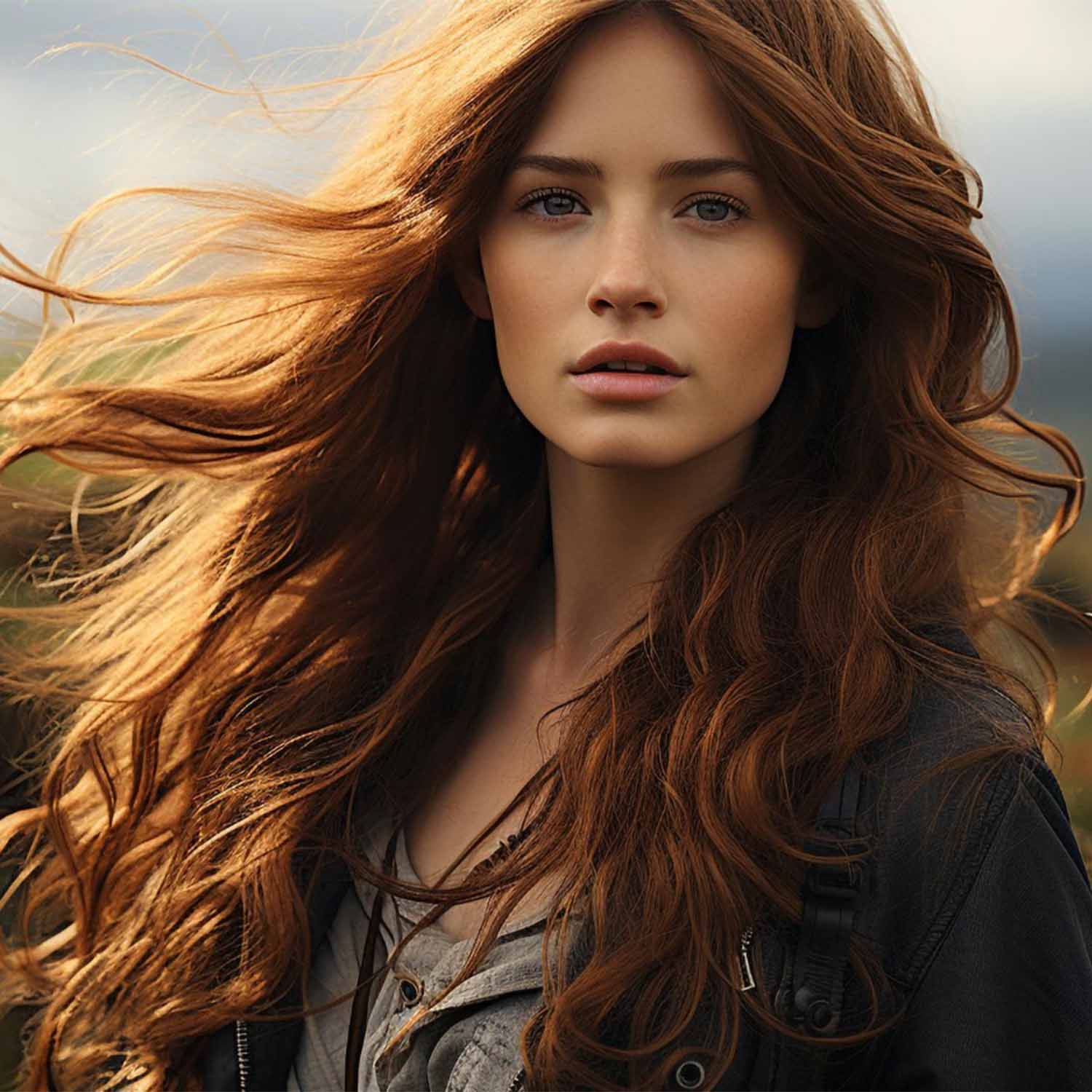 Frau mit langen, gewellten roten Haaren steht im Freien, der Wind bläst ihr Haar, sie trägt eine dunkle Jacke.