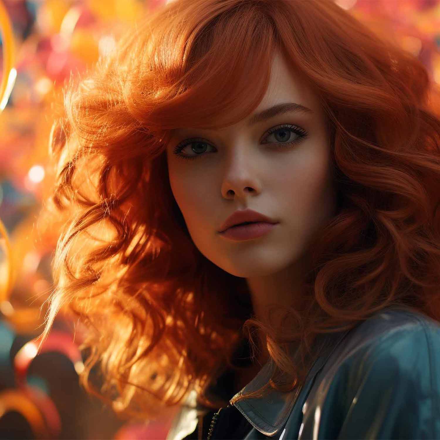 Frau mit lockigem rotem Haar in glänzender Jacke, stehend vor einem bunten, unscharfen Hintergrund.