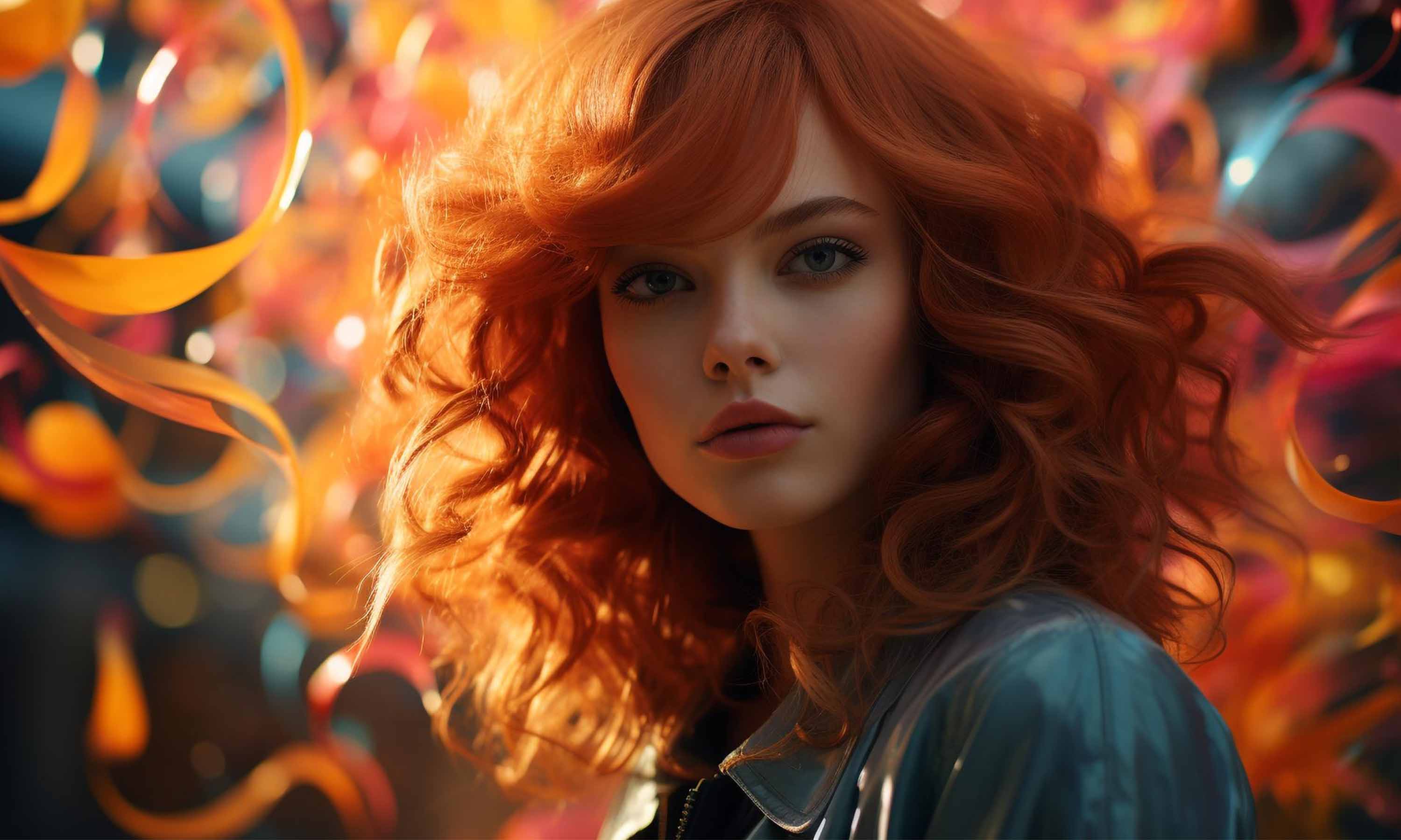 Frau mit lockigem roten Haar steht vor bunten, wirbelnden Bändern und abstraktem Hintergrund.