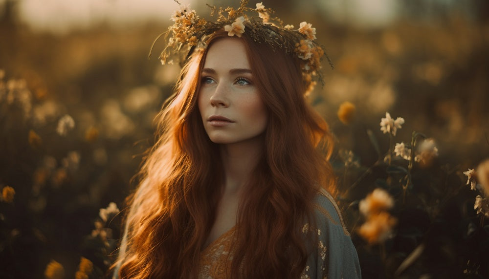 Eine Frau mit langem rotem Haar und Blumenkranz steht in einem sonnenbeschienenen Blumenfeld und schaut nachdenklich nach vorn.