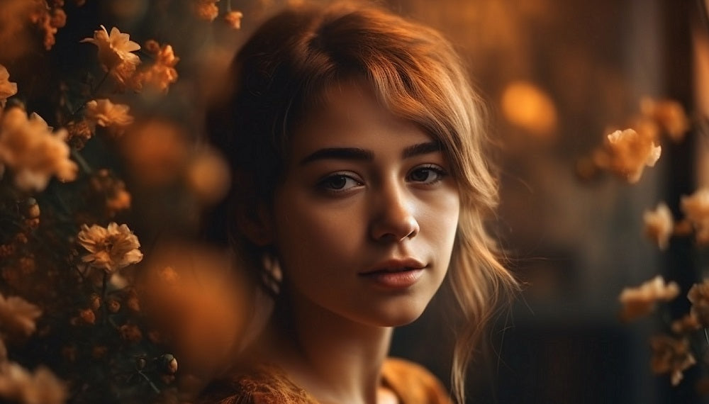 Eine junge Frau mit gewelltem Haar steht zwischen gelben Blumen mit Weichzeichner und blickt ruhig in die Kamera.