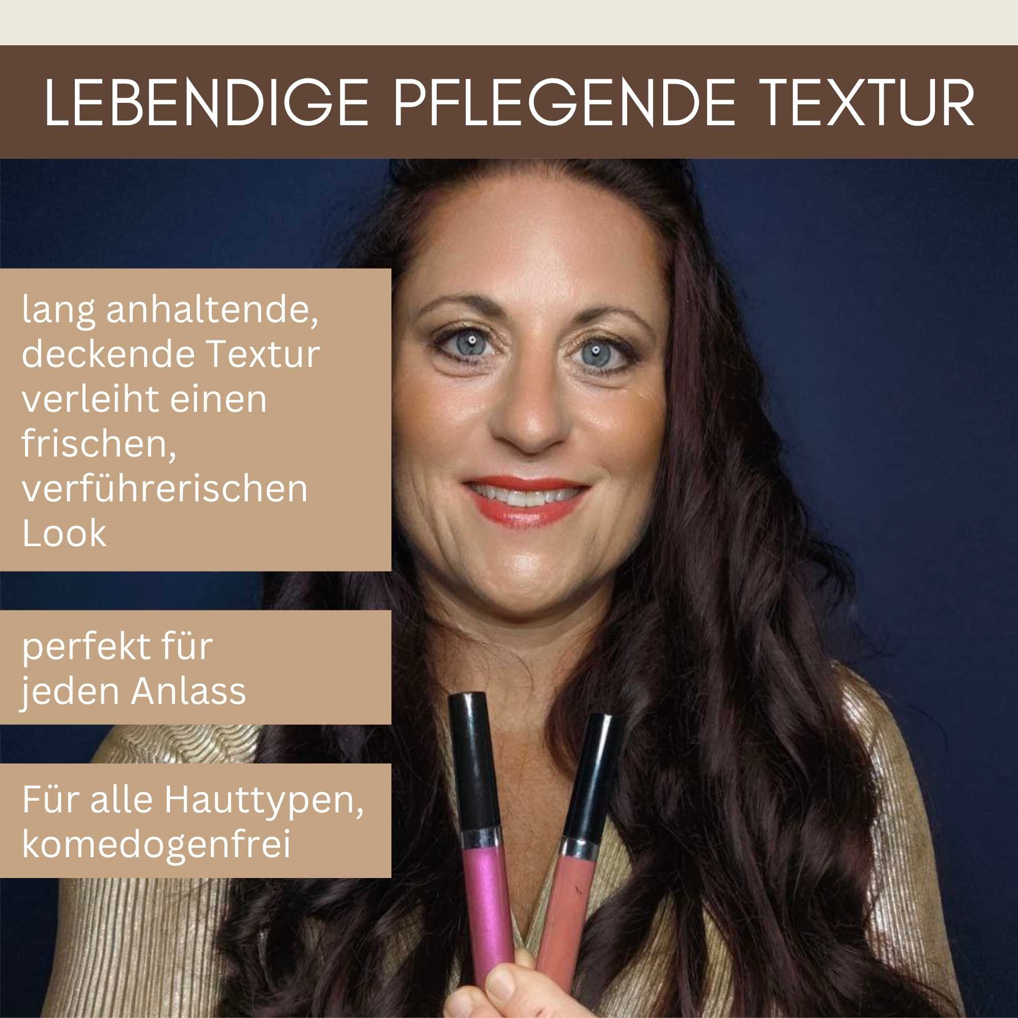 Bio Lipgloss Shiny Pink aufgetragen für einen frischen, eleganten und langanhaltenden Glanz-Look