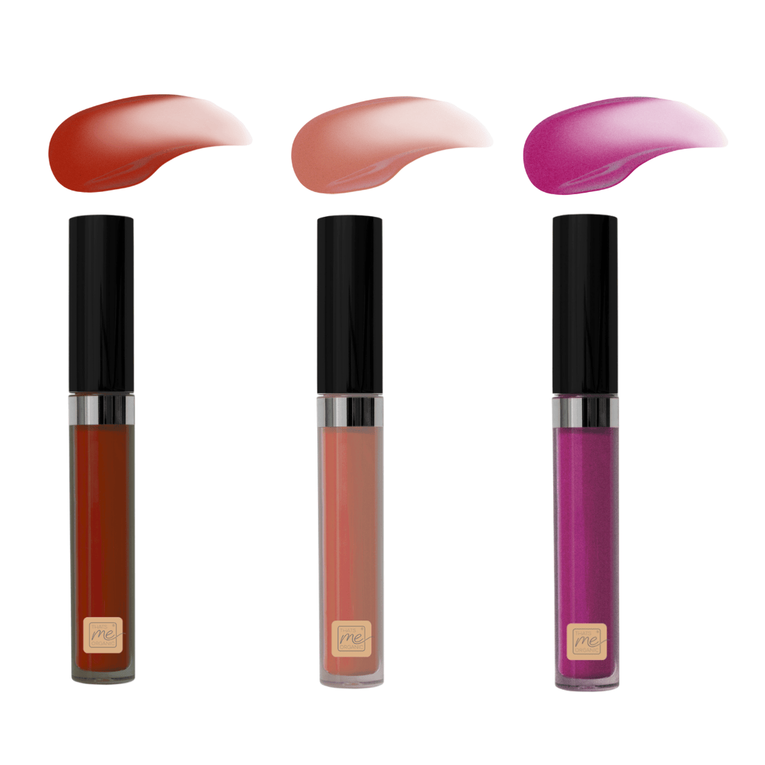 Drei Lipglosse in den Farben Shiny Sienna, Shiny Peach und Shiny Pink mit glänzenden Farbswatches