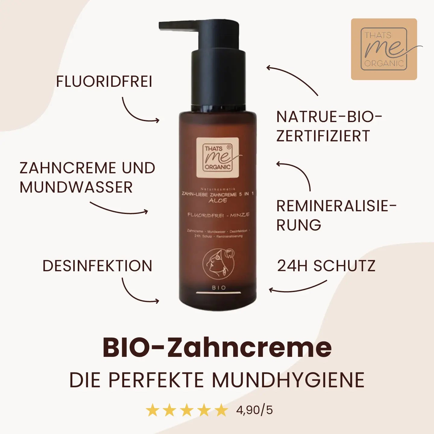 Braune Flasche Thats me organic® BIO-Zahncreme, fluoridfrei und mit Aloe Vera, zeigt die wichtigsten Vorteile auf Deutsch und unterstützt perfekte Mundhygiene vor beigem Hintergrund.