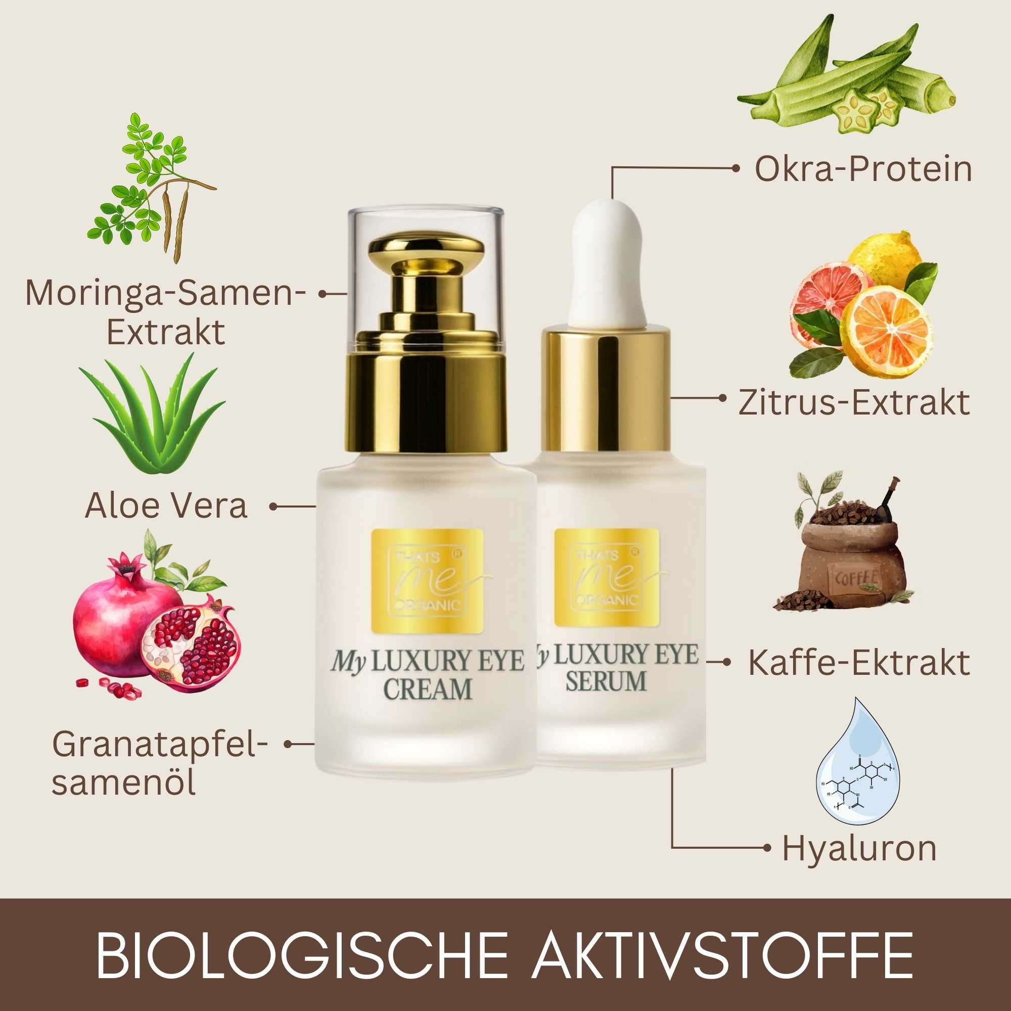 My Luxury Eye Cream und My Luxury Eye Serum mit biologischen Aktivstoffen wie Aloe Vera, Moringa-Samen-Extrakt, Okra-Protein, Granatapfelsamenöl, Kaffee-Extrakt und Hyaluron.