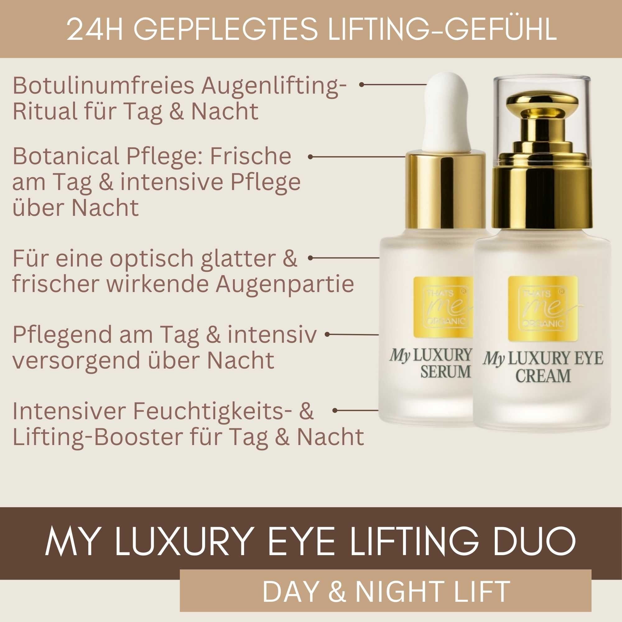 My Luxury Eye Lifting Duo von Thats me organic mit Serum und Augencreme für Tag und Nacht – natürliche Augenpflege für ein gepflegtes und frisches Erscheinungsbild.