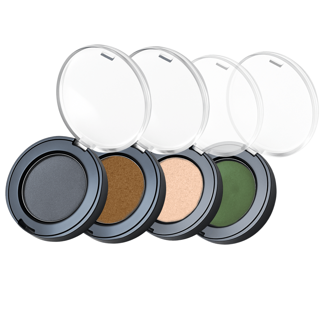 Farbübersicht der Naturkosmetik Lidschatten in Smokey Eyes, Metallic Copper, Champagne Beige und Green Paradise