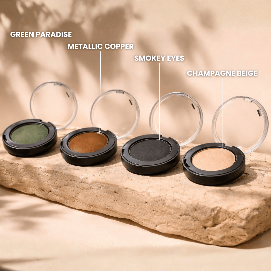 Naturkosmetik Lidschatten Farbübersicht mit den Shades Green Paradise, Metallic Copper, Smokey Eyes und Champagne Beige