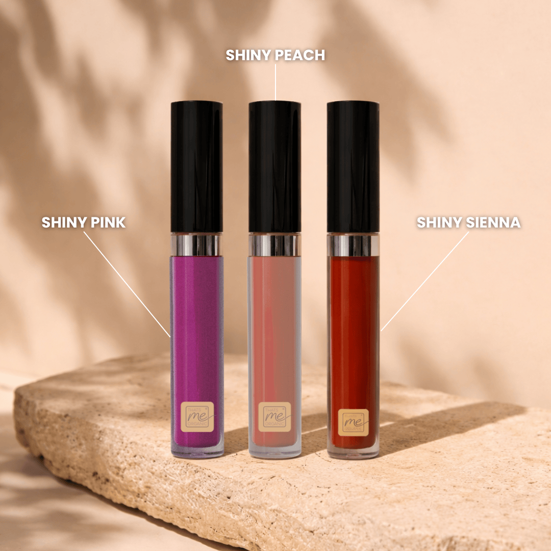 Naturkosmetik Lipgloss in den Shades Shiny Pink, Shiny Peach und Shiny Sienna