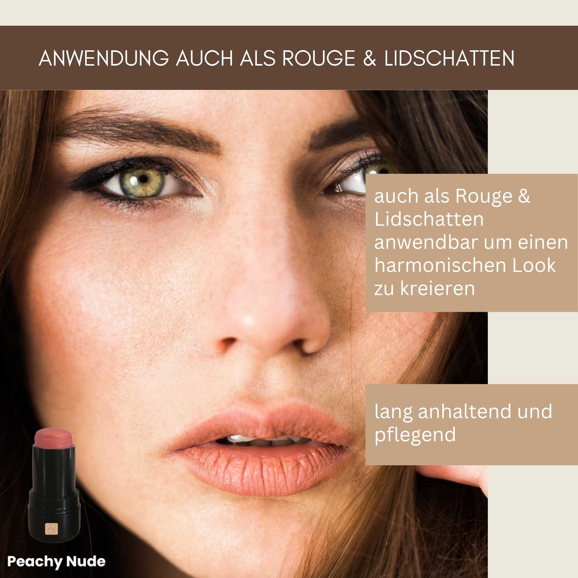 Anwendung des 3-in-1 Lippenstifts Peachy Nude als Lippenstift, Rouge und Creme-Lidschatten für einen harmonischen Look