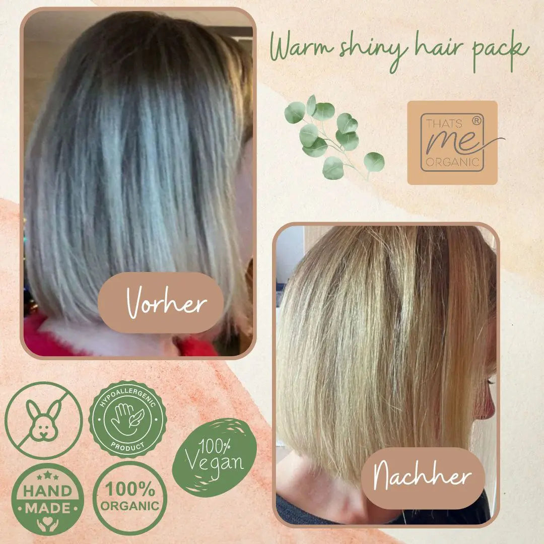 Zwei Fotos zeigen das Haar vor und nach der Anwendung einer biologischen, veganen, handgemachten Haarkur.