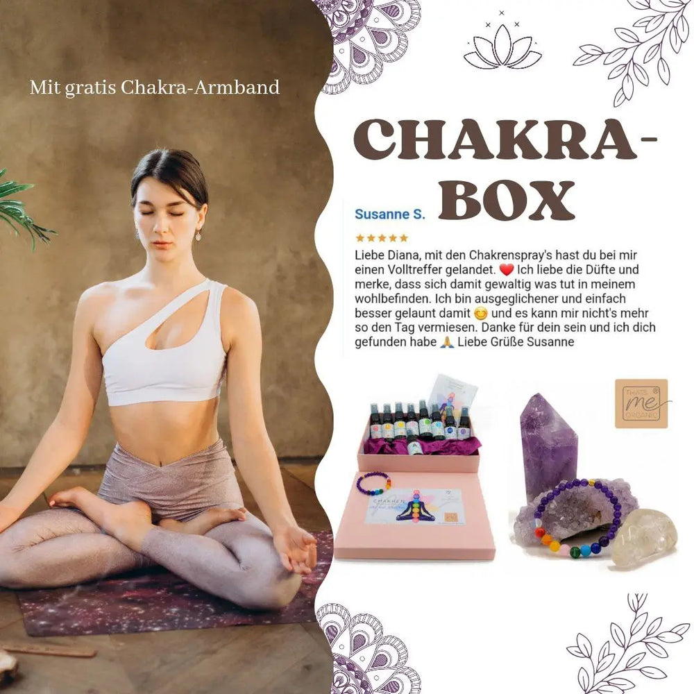 Chakra Aromatherapie Aura-, Raumduft-, Yoga- & Meditationsspray Set in Geschenkbox + Chakra-Edelstein-Armband – für energetische Balance
